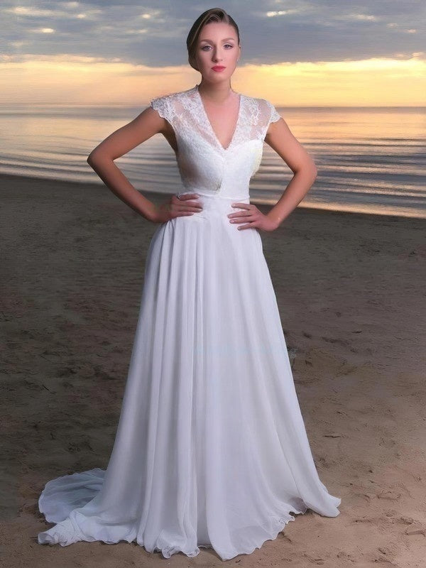 Glamorous Capped A-Line V-Neck Lace Chiffon Wedding Dresses with Sweep Train