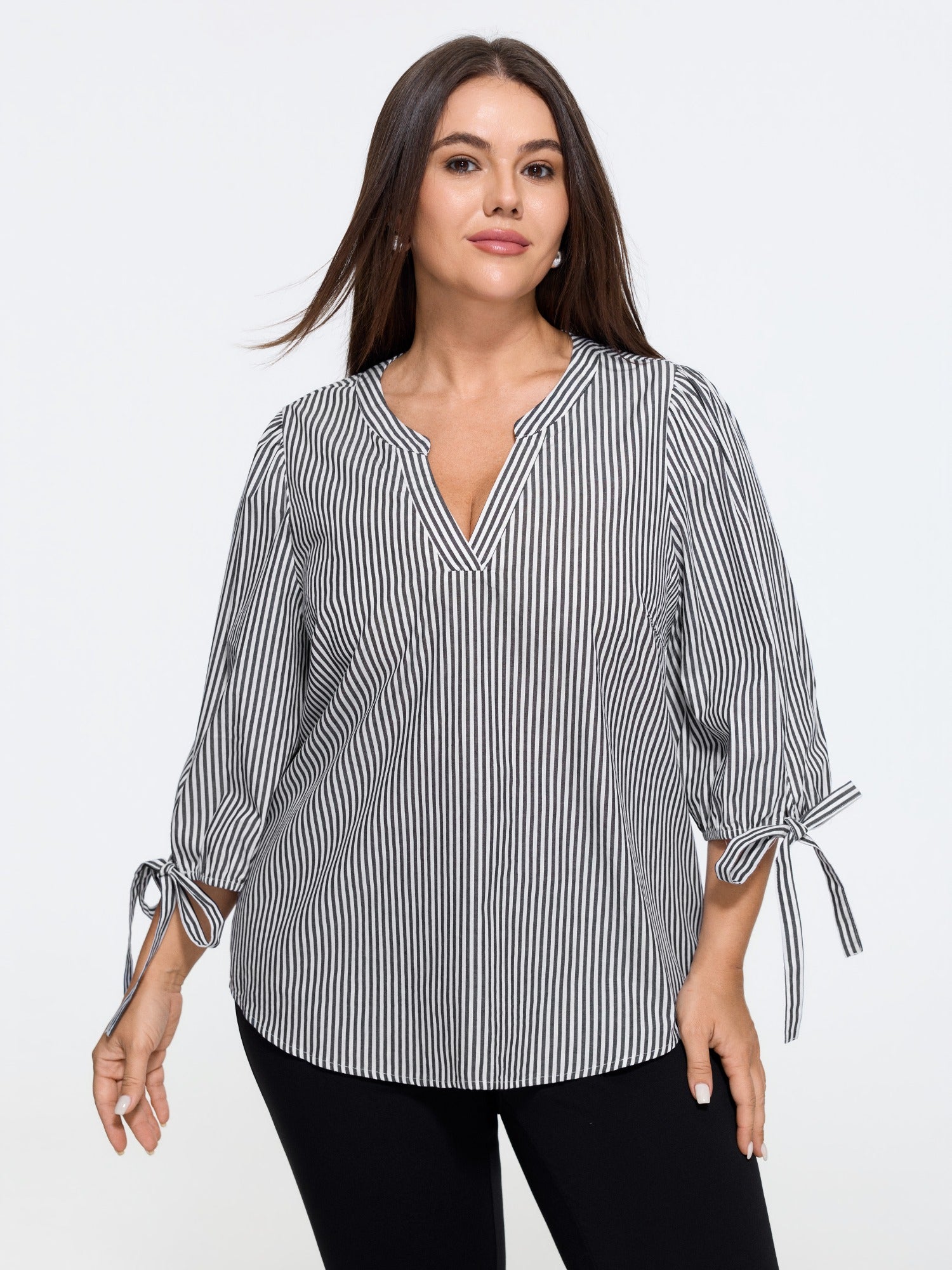 Striped V Neck Tie Cuff Blouse