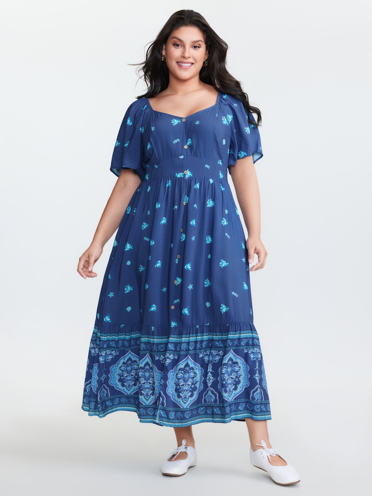Floral Marine Print Pockets Button Maxi Dress