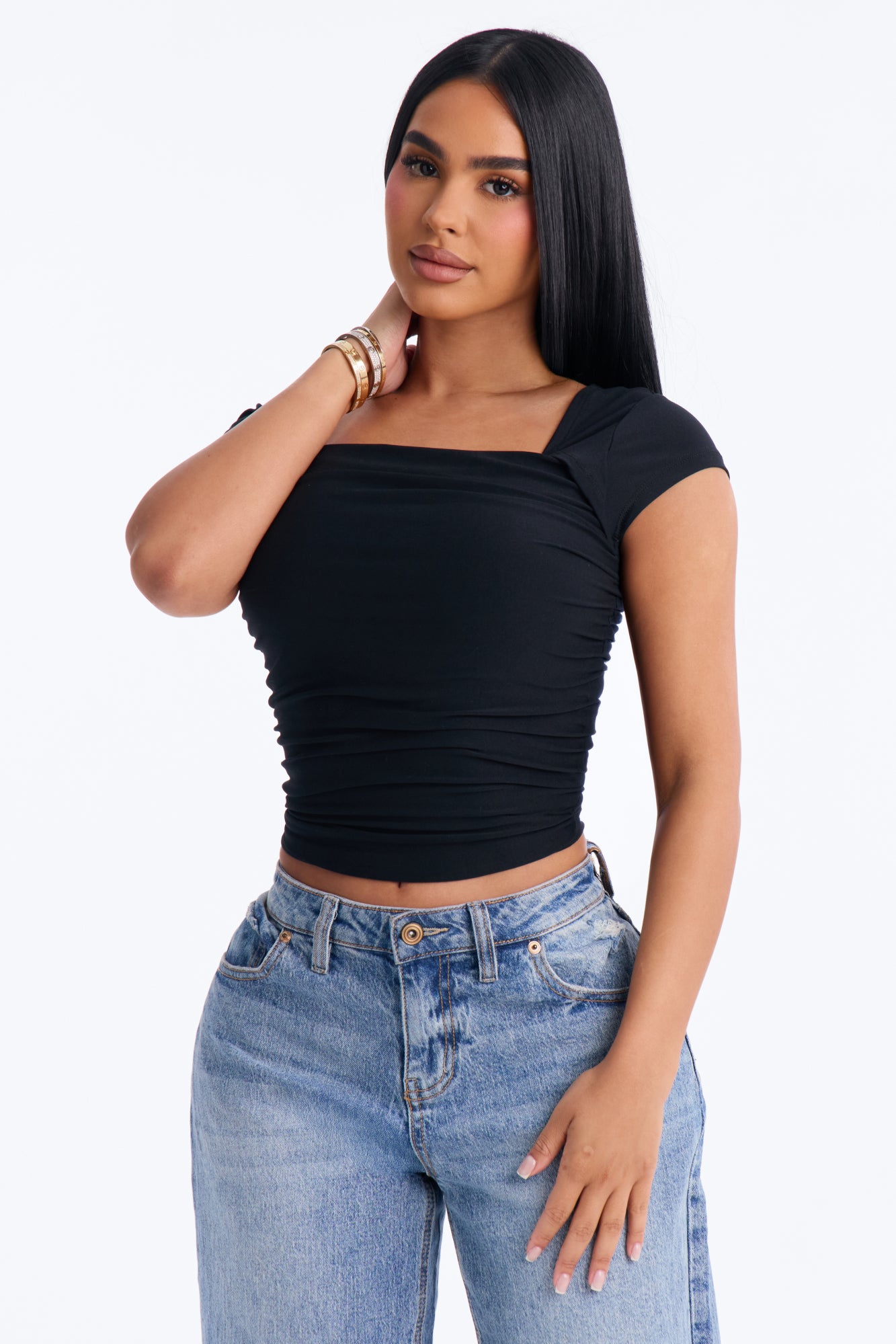 Sunday Vibe Ruched Short Sleeve Top - Black