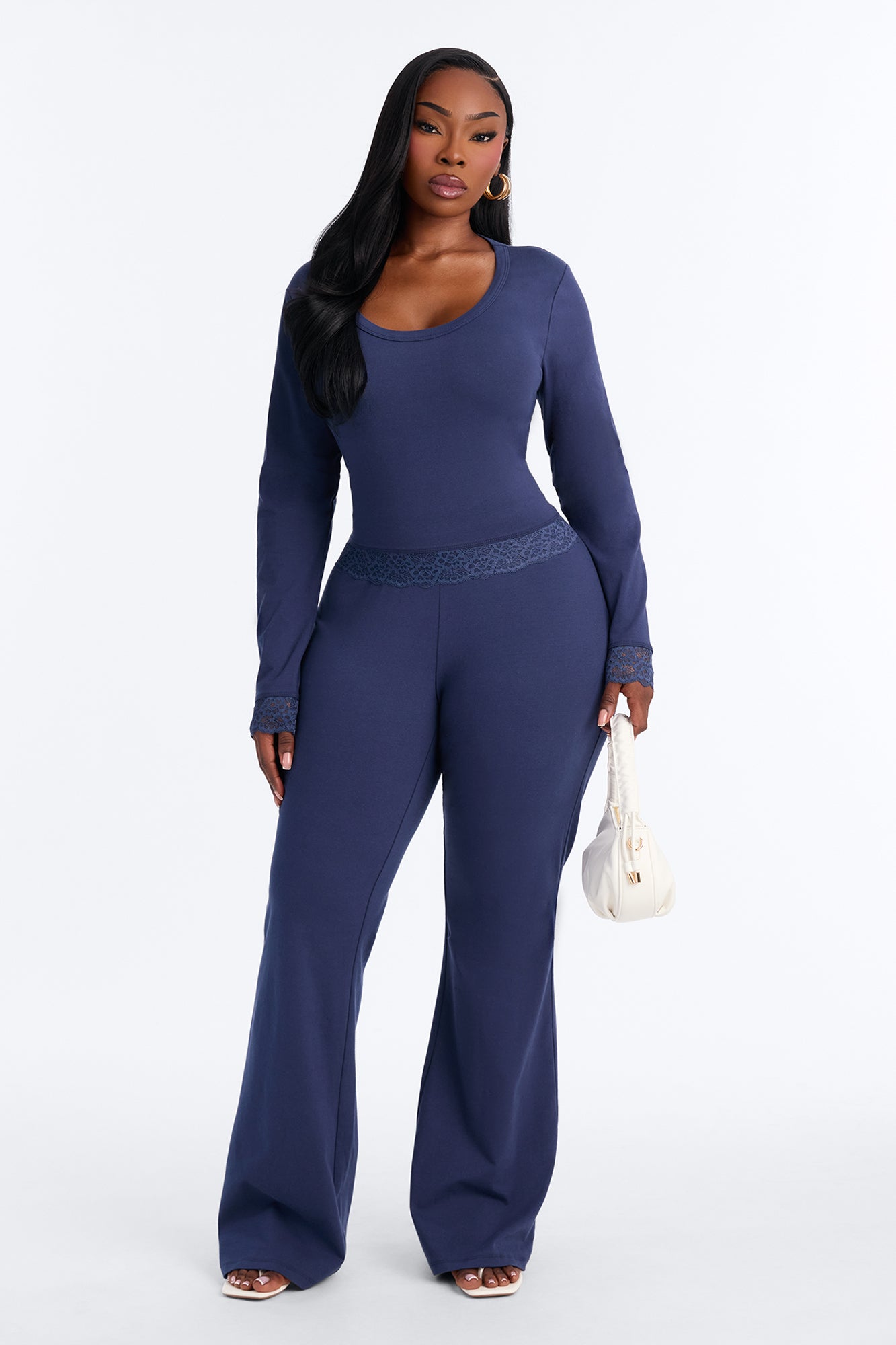 Paige Lace Trim Pant Set - Navy