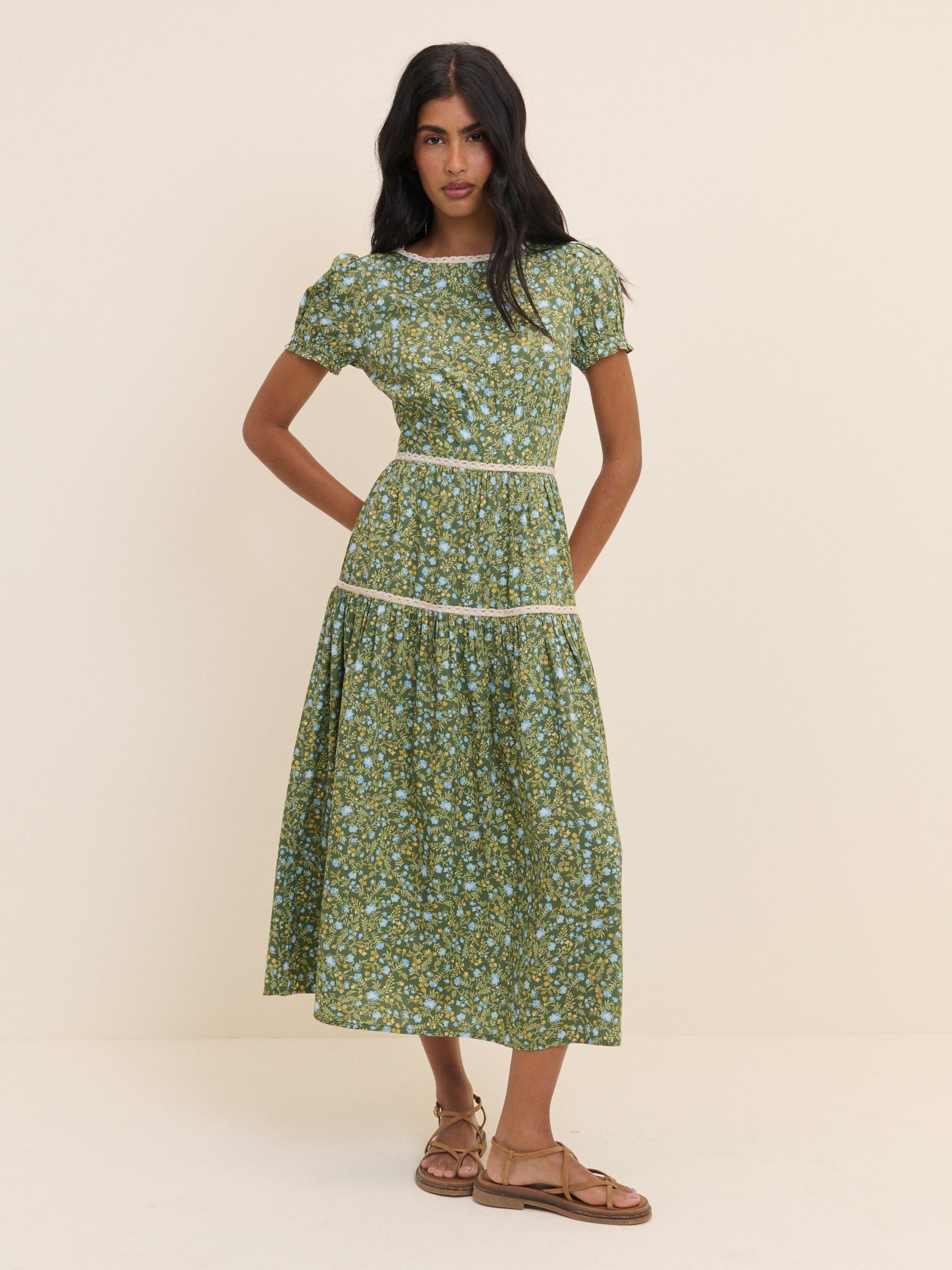 Green Ditsy Floral Tiered Dara Midi Dress