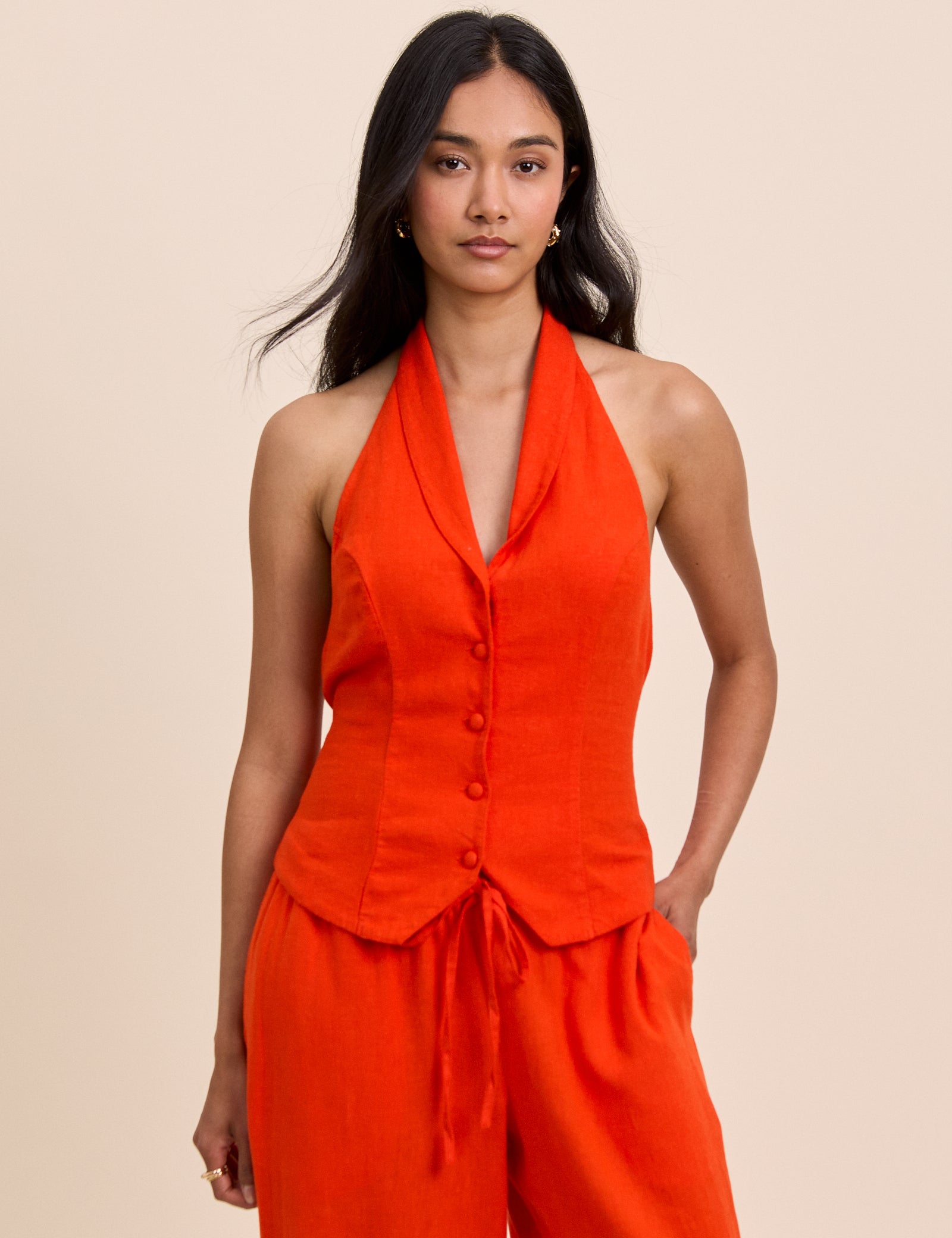 Orange Moss Linen-Rich Halterneck Waistcoat