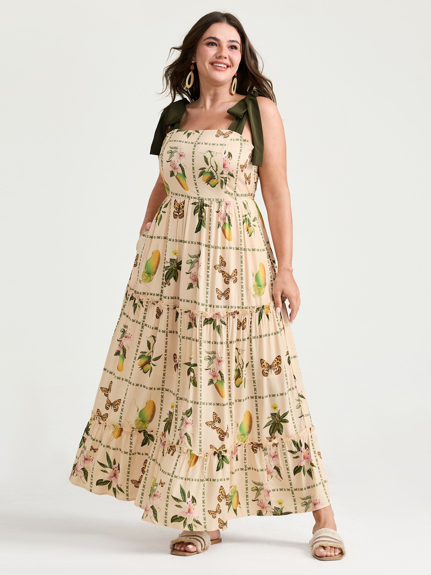 Tropical Collage Print Shoulder Tie Maxi Dress