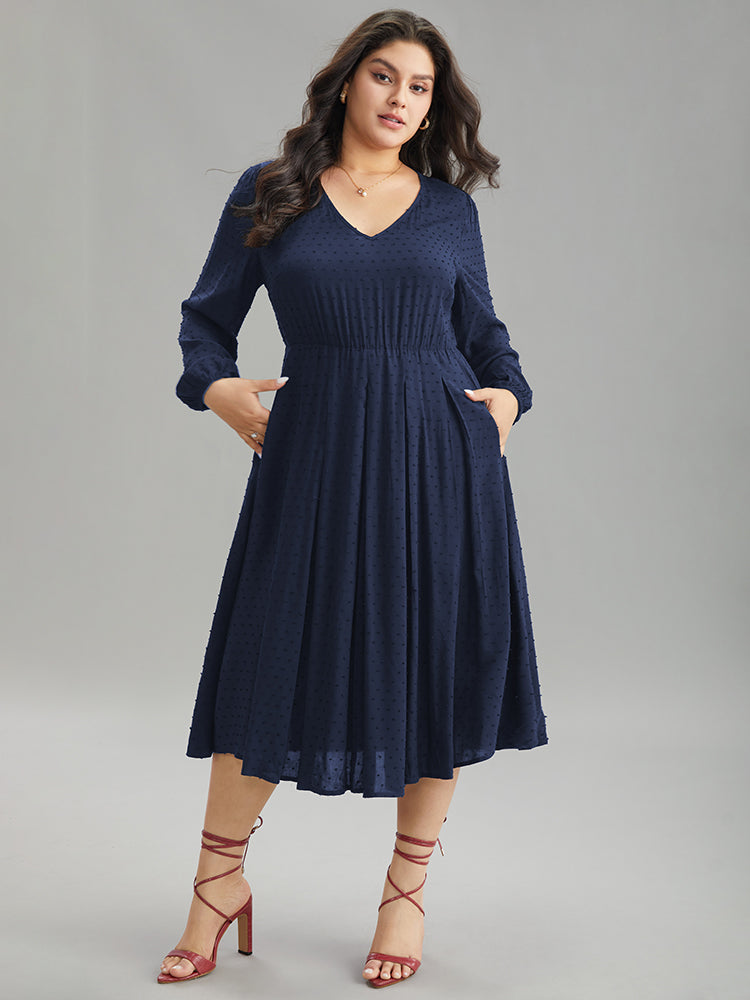 Static-Free Solid Lantern Sleeve Pleated Dress