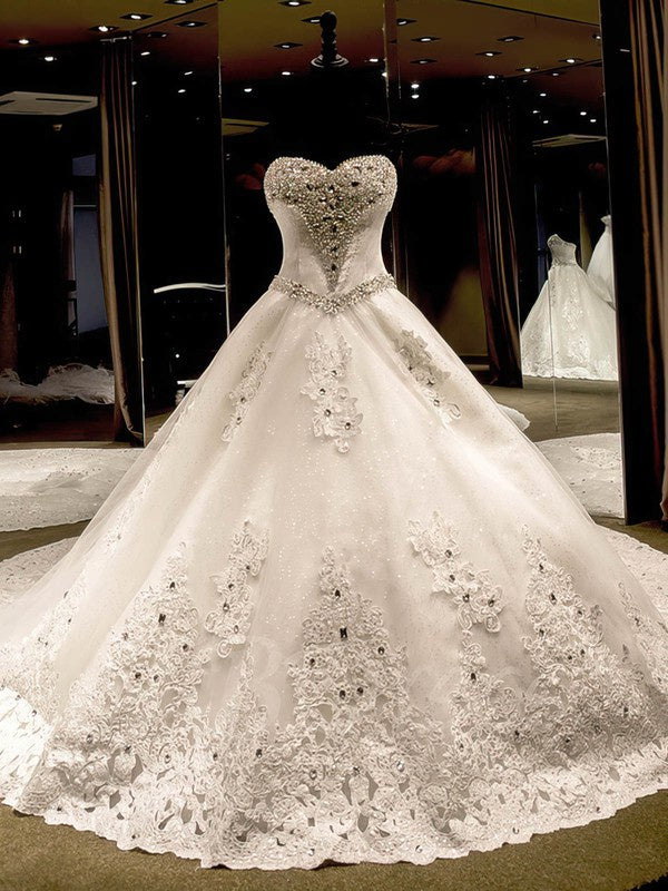 Elegant Sequined Ball Gown Sweetheart Tulle Cathedral Train Wedding Dresses