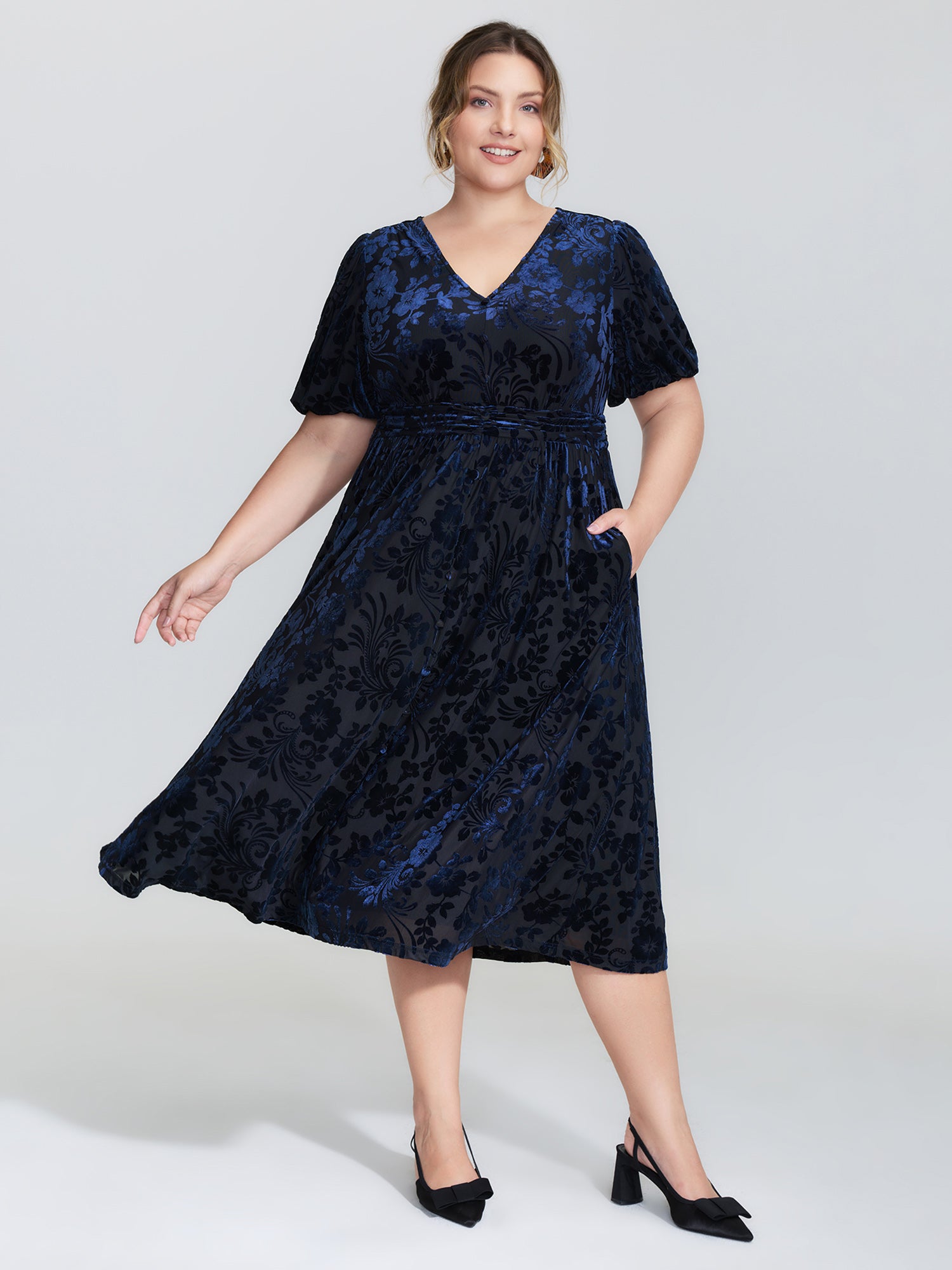 Flocked Laser Cut Pleated Waist Midi Dress
