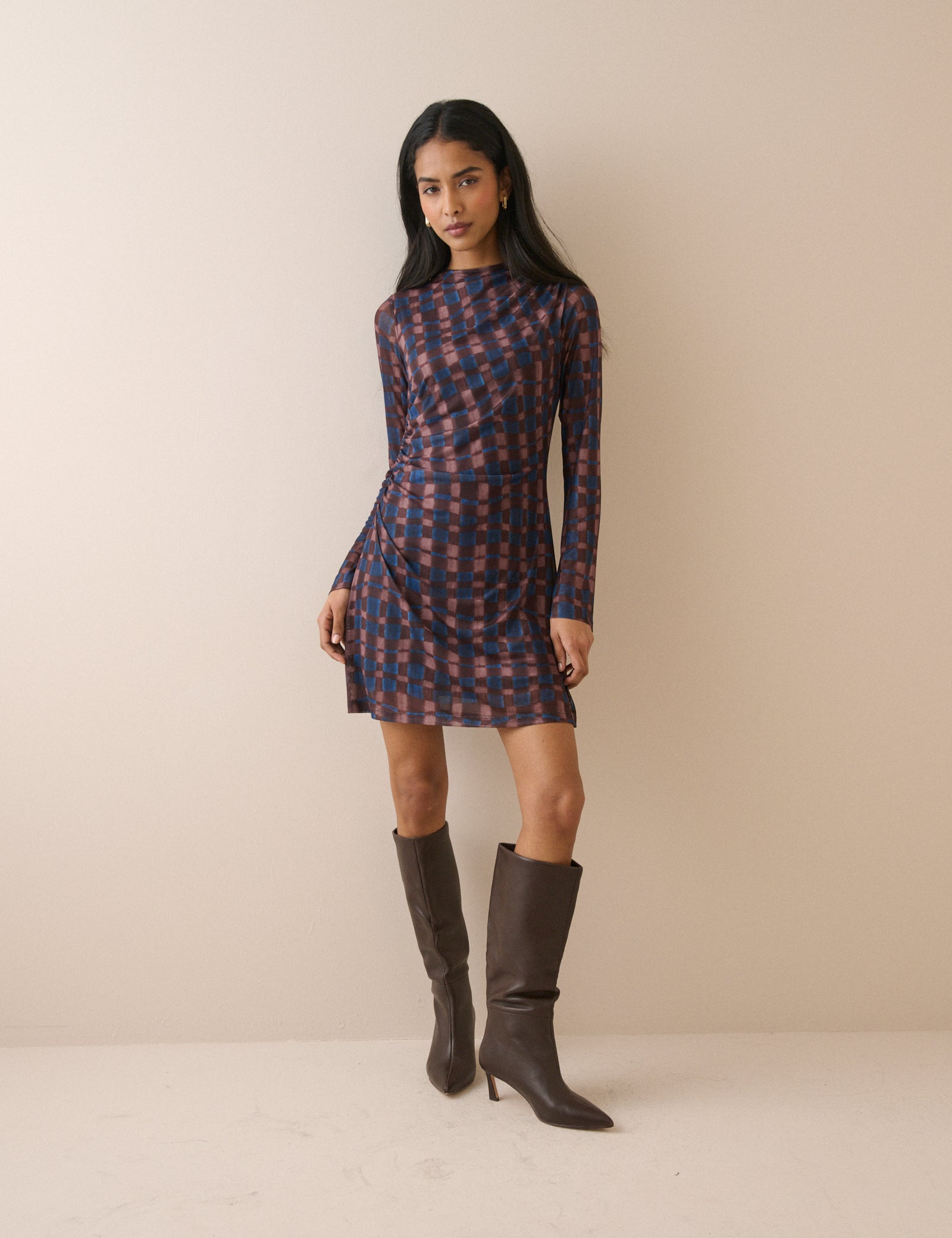 Blue and Maroon Long Sleeve Kiera Mini Dress