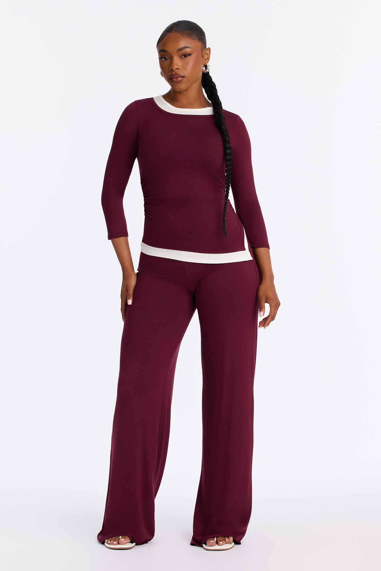 Helen 3/4 Sleeve Layered Pant Set - Wine
