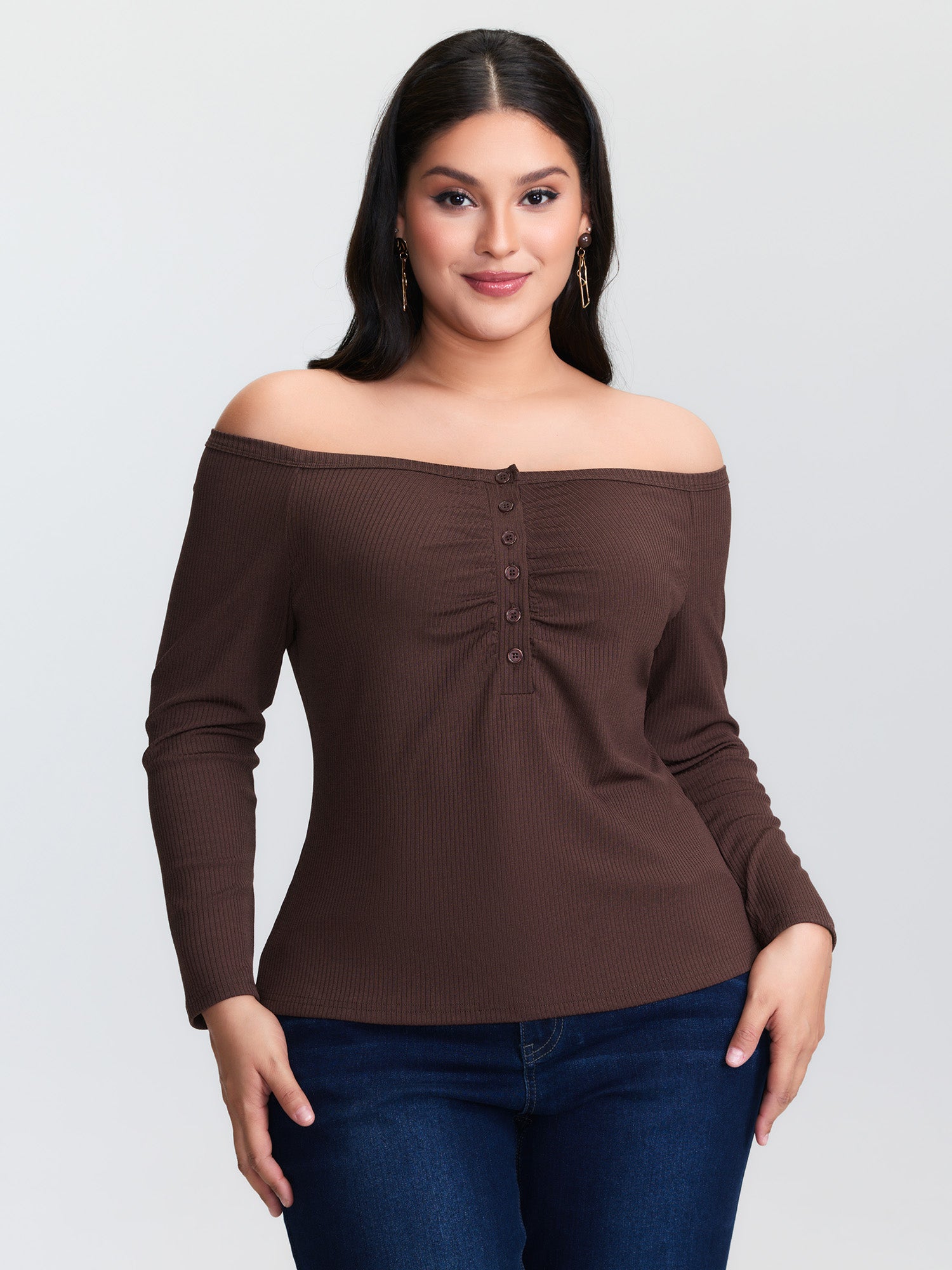Off-Shoulder Fitted Button T-Shirt