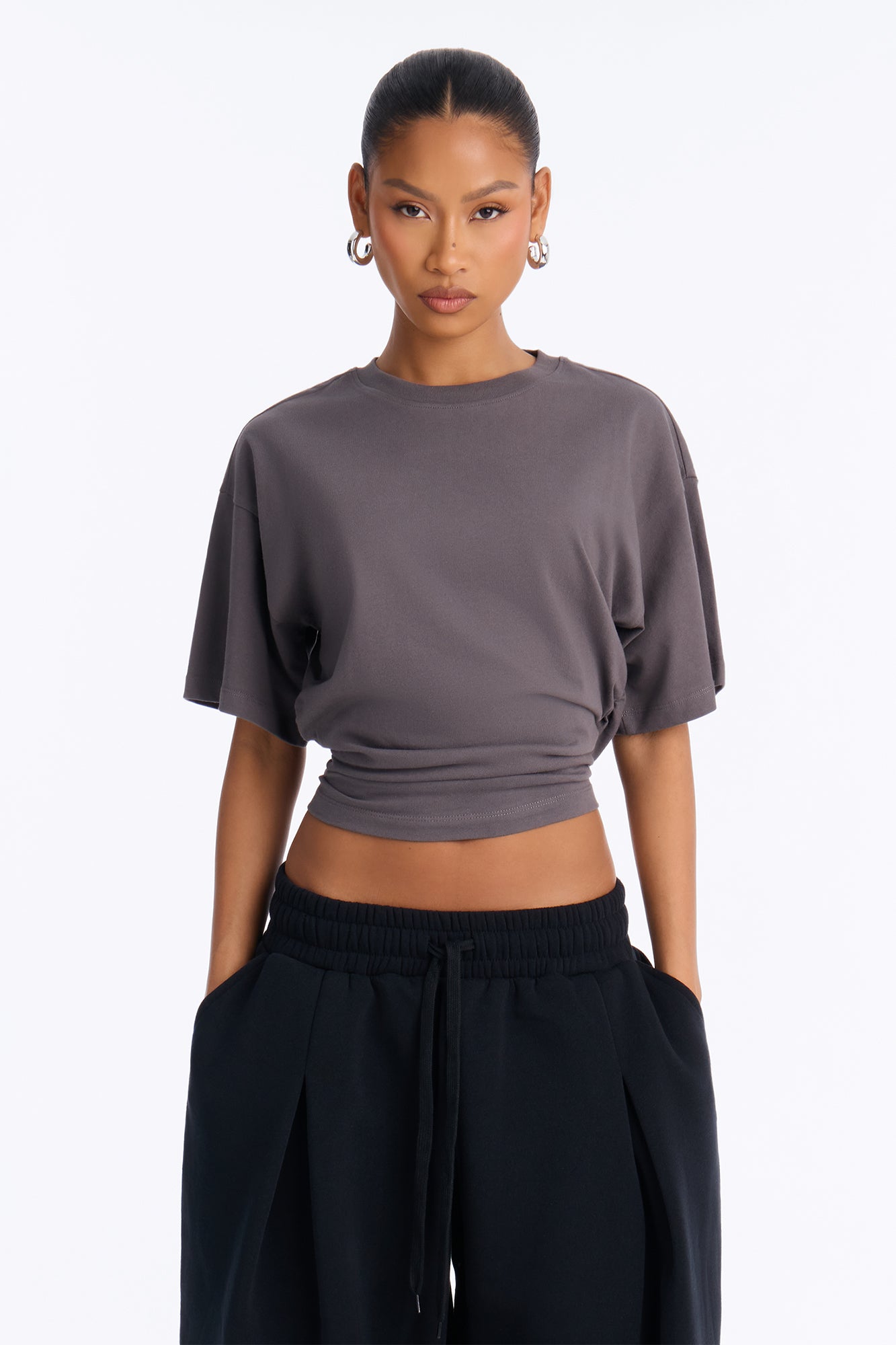 Nora Crew Neck Ruched Short Sleeve T-Shirt - Charcoal