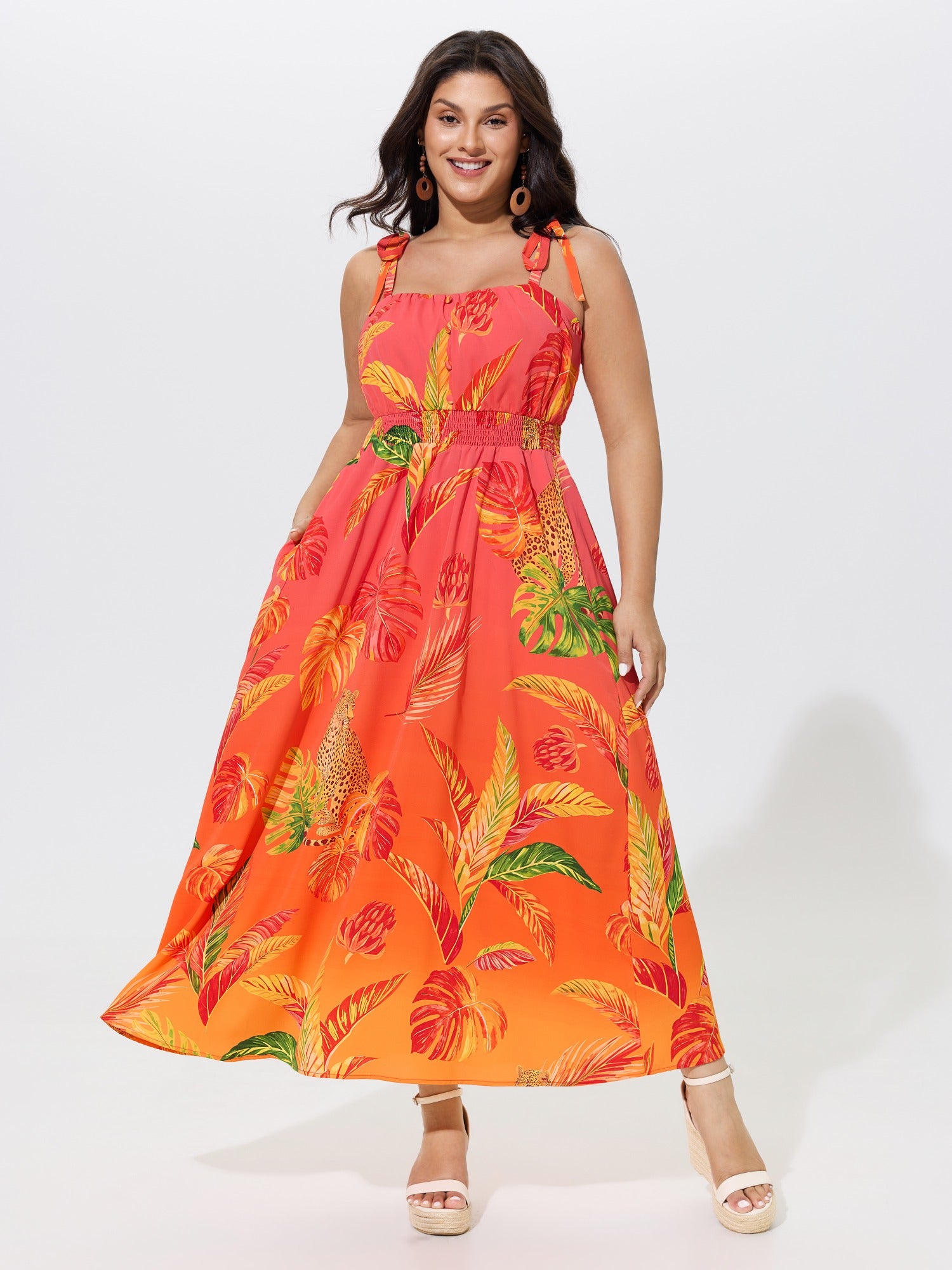Tropical Leaf Print Shirred Tie Shoulder Maxi Dress