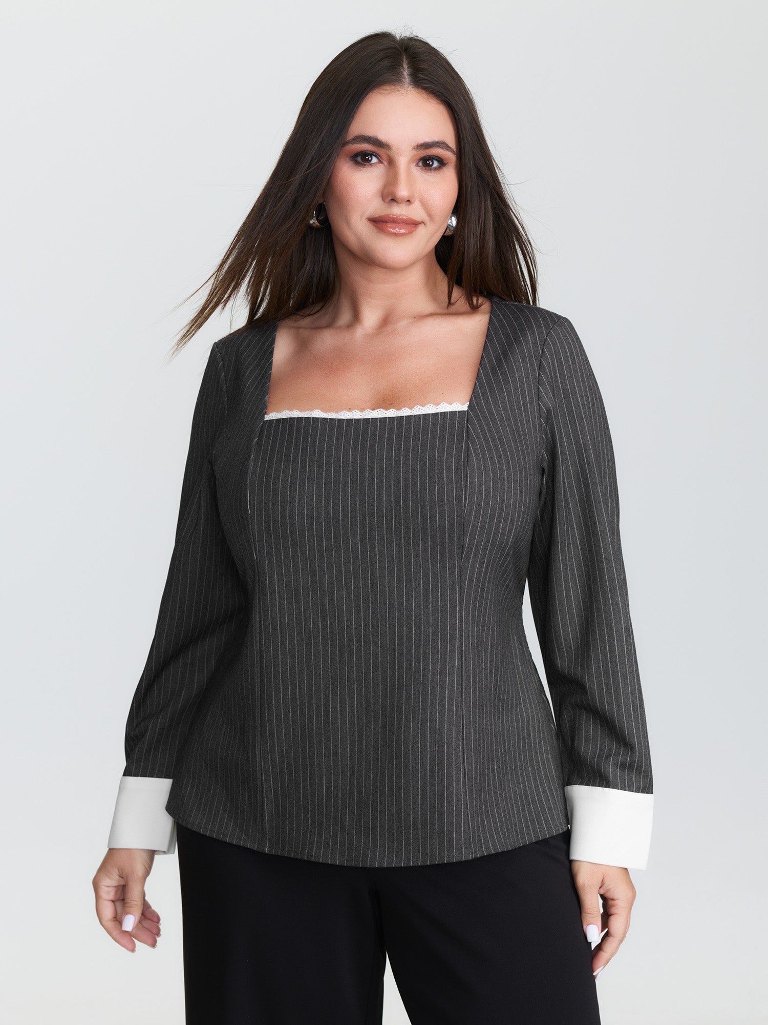 Lace Trim Neckline Shirred Blouse