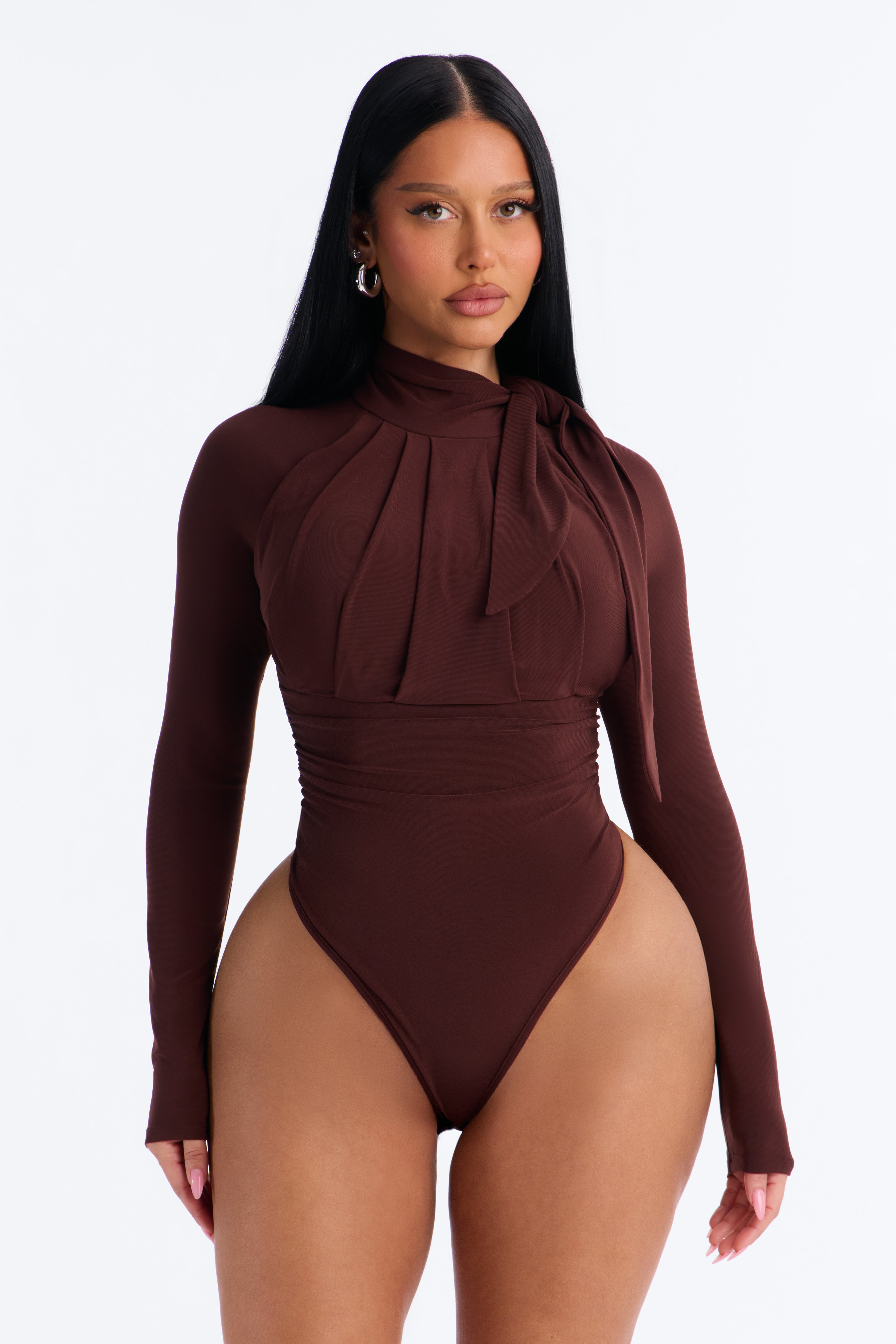 City Dreams Tie Neck Long Sleeve Bodysuit - Chocolate