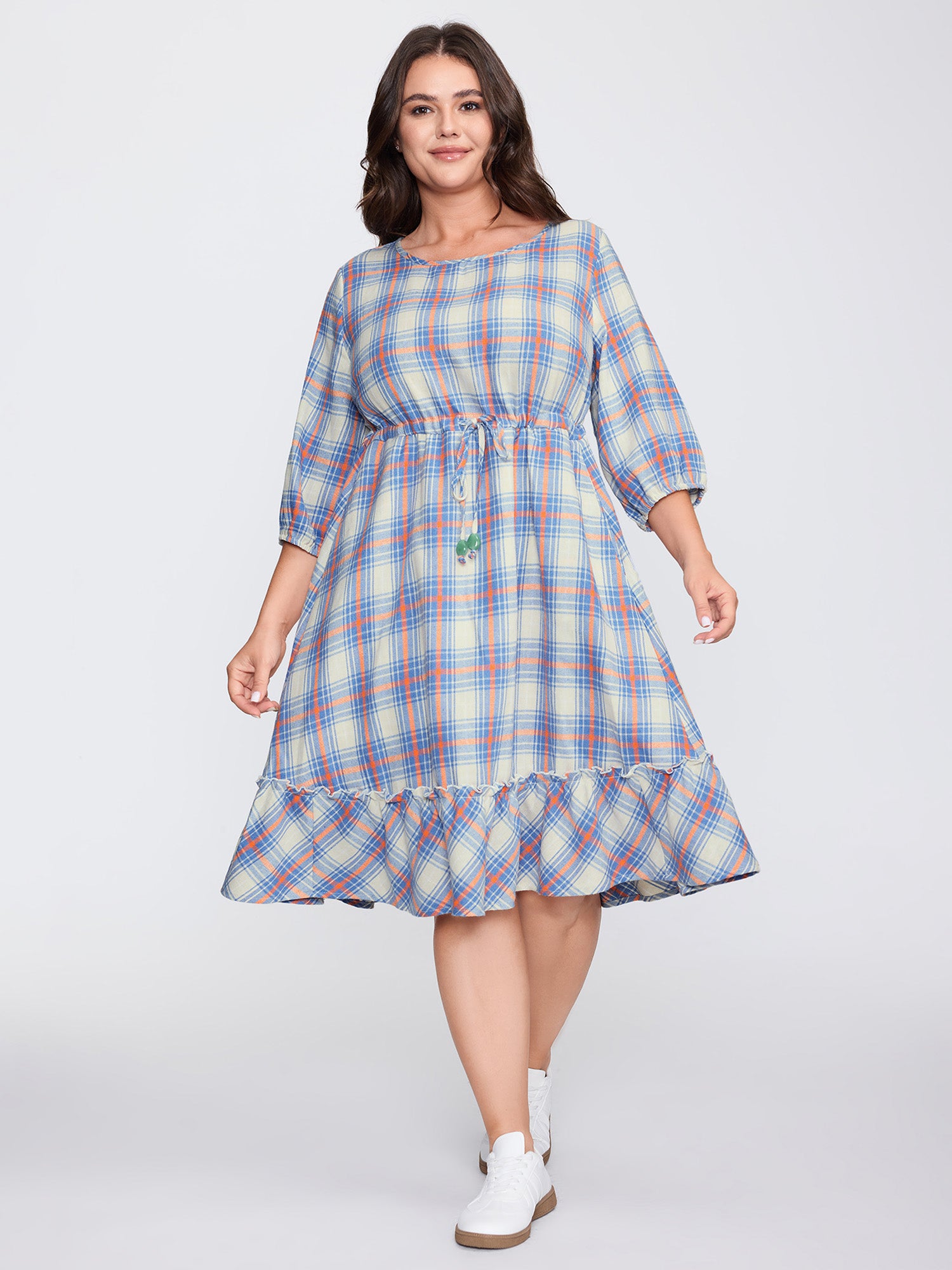 Plaid Print Drawstring Waist Pockets Midi Dress