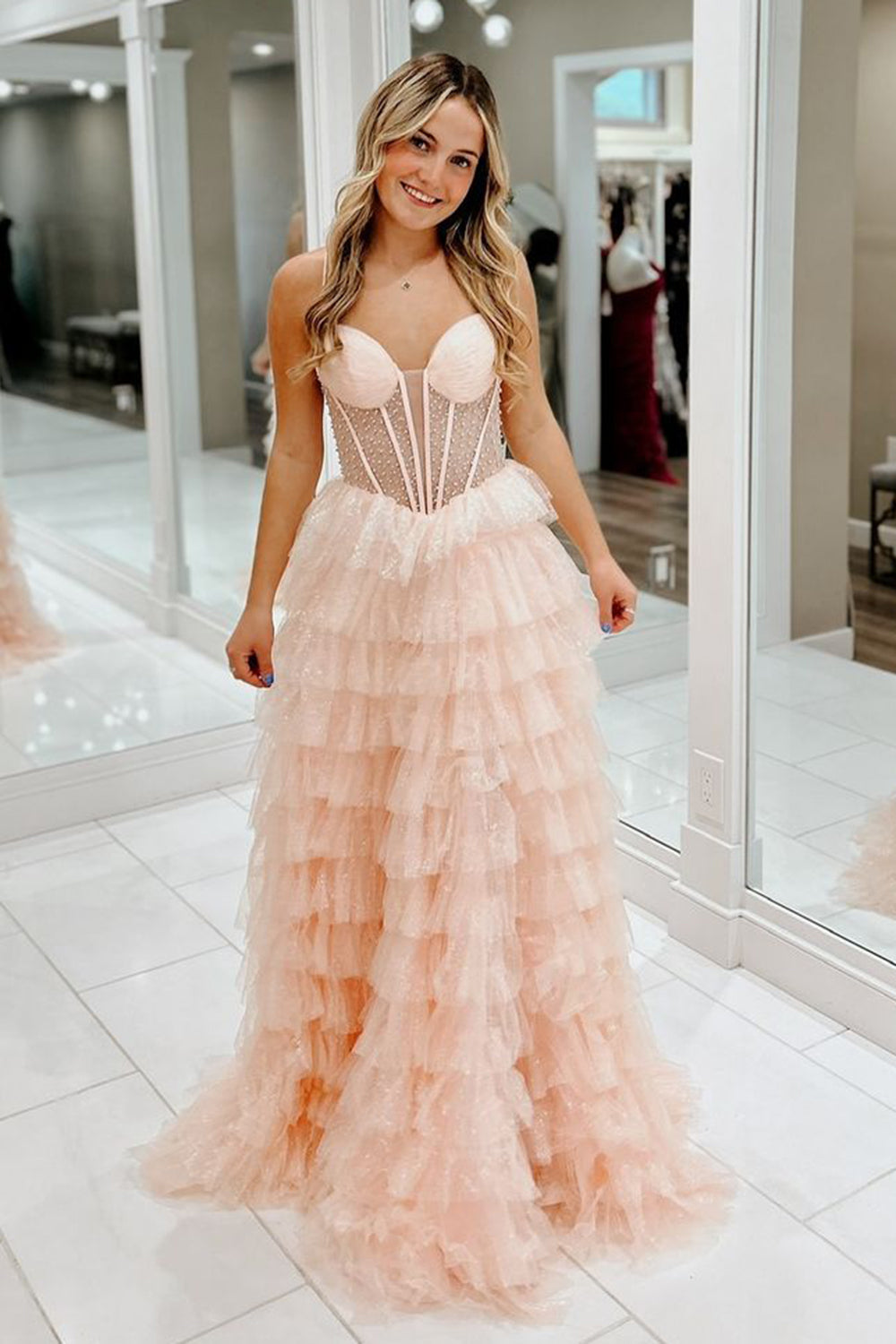 Long A-Line Prom Dress with Sparkly Blush Tulle Tiered Skirt and Beaded Spaghetti Straps