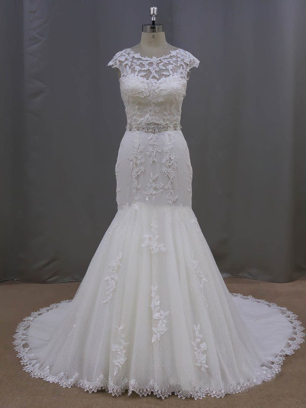 Elegant Trumpet Jewel Lace Tulle Court Train Wedding Dresses