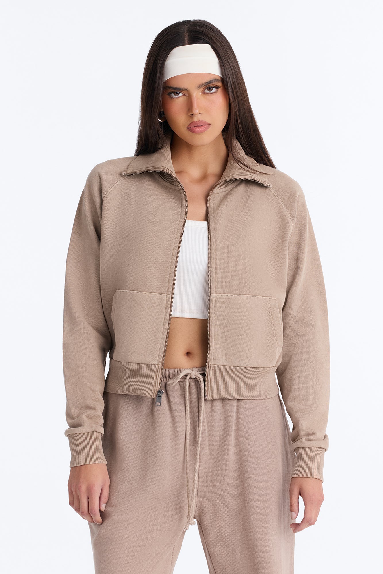 TERRY Funnel Neck Zip Sweatshirt - Washed Stone