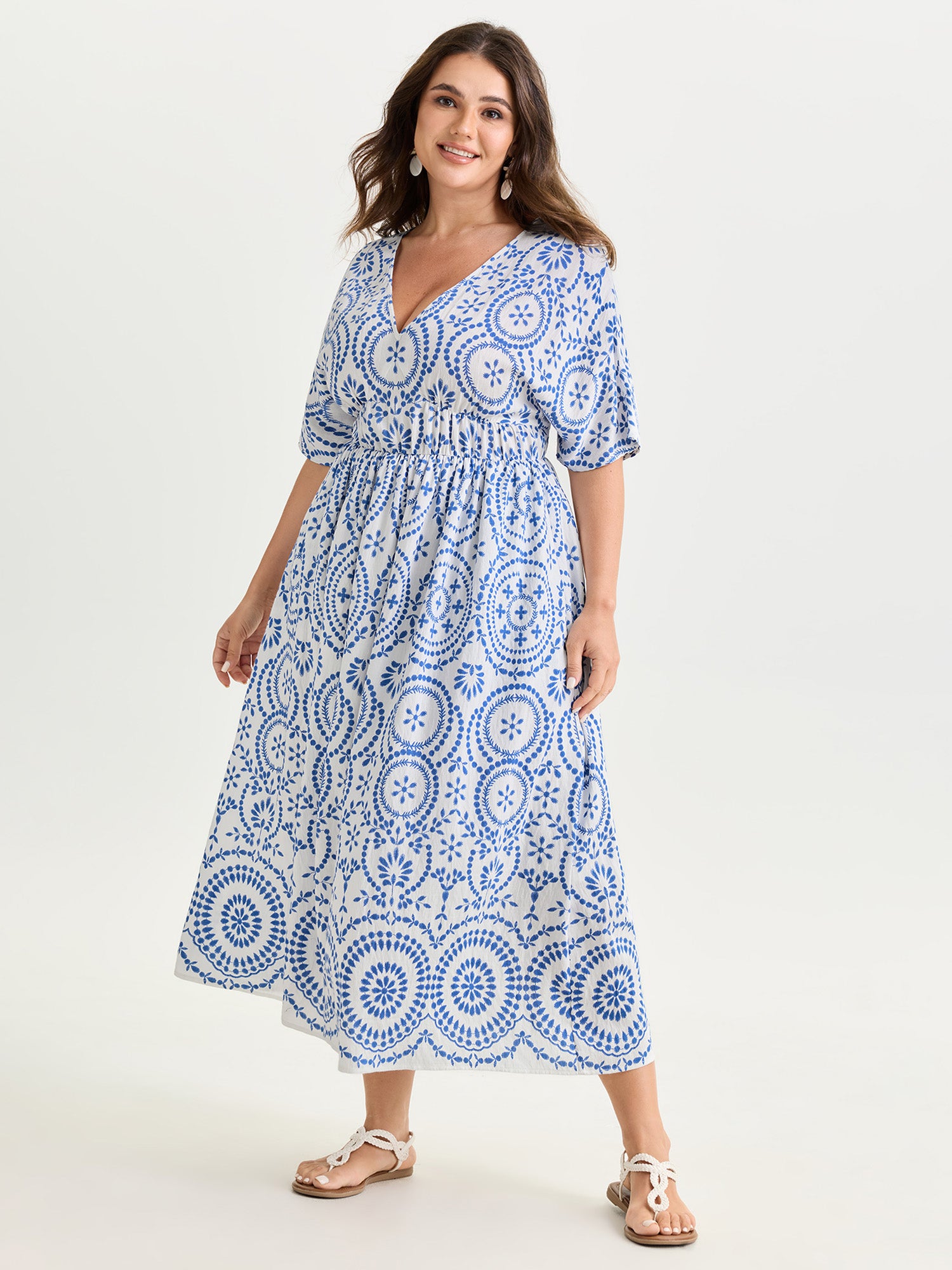 Geometric Print Deep V-Neckline Maxi Dress