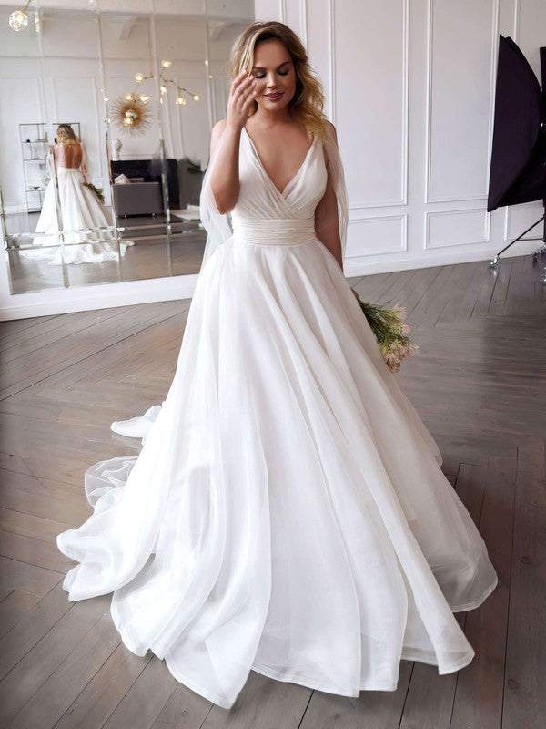 Elegant V-Neck Sleeveless Organza A-Line Wedding Dresses with Sweep Train