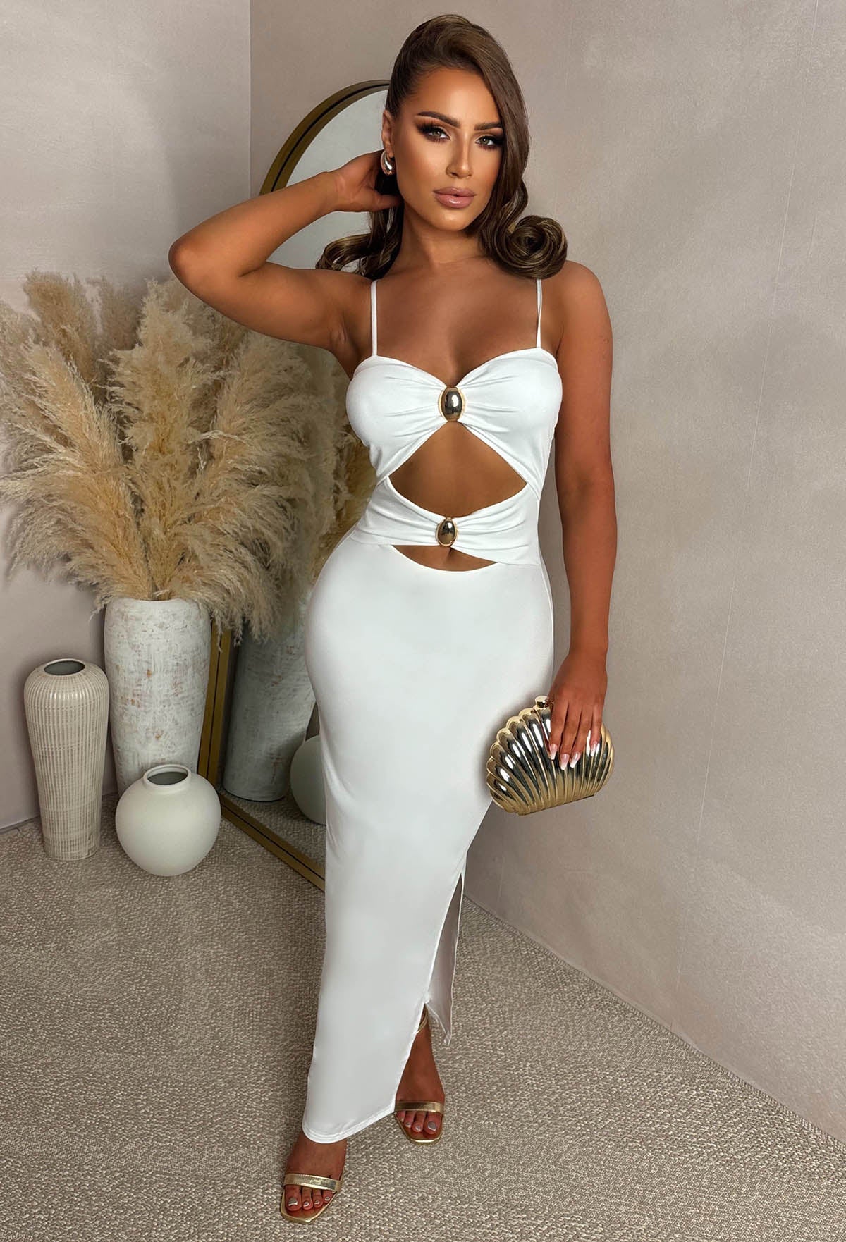 Peekaboo Perfection White Cut Out Buckle Maxi Dress