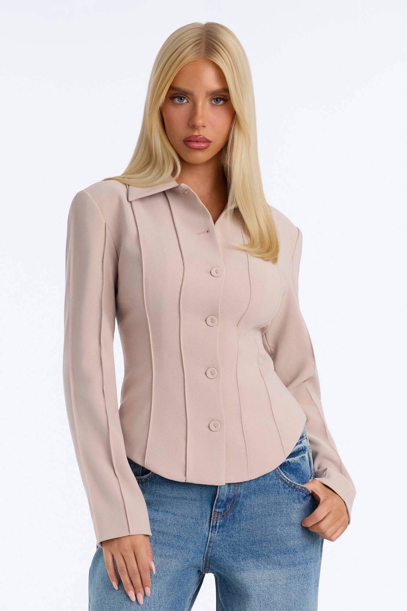 In Check Pleated Button Up Shirt - Light Taupe