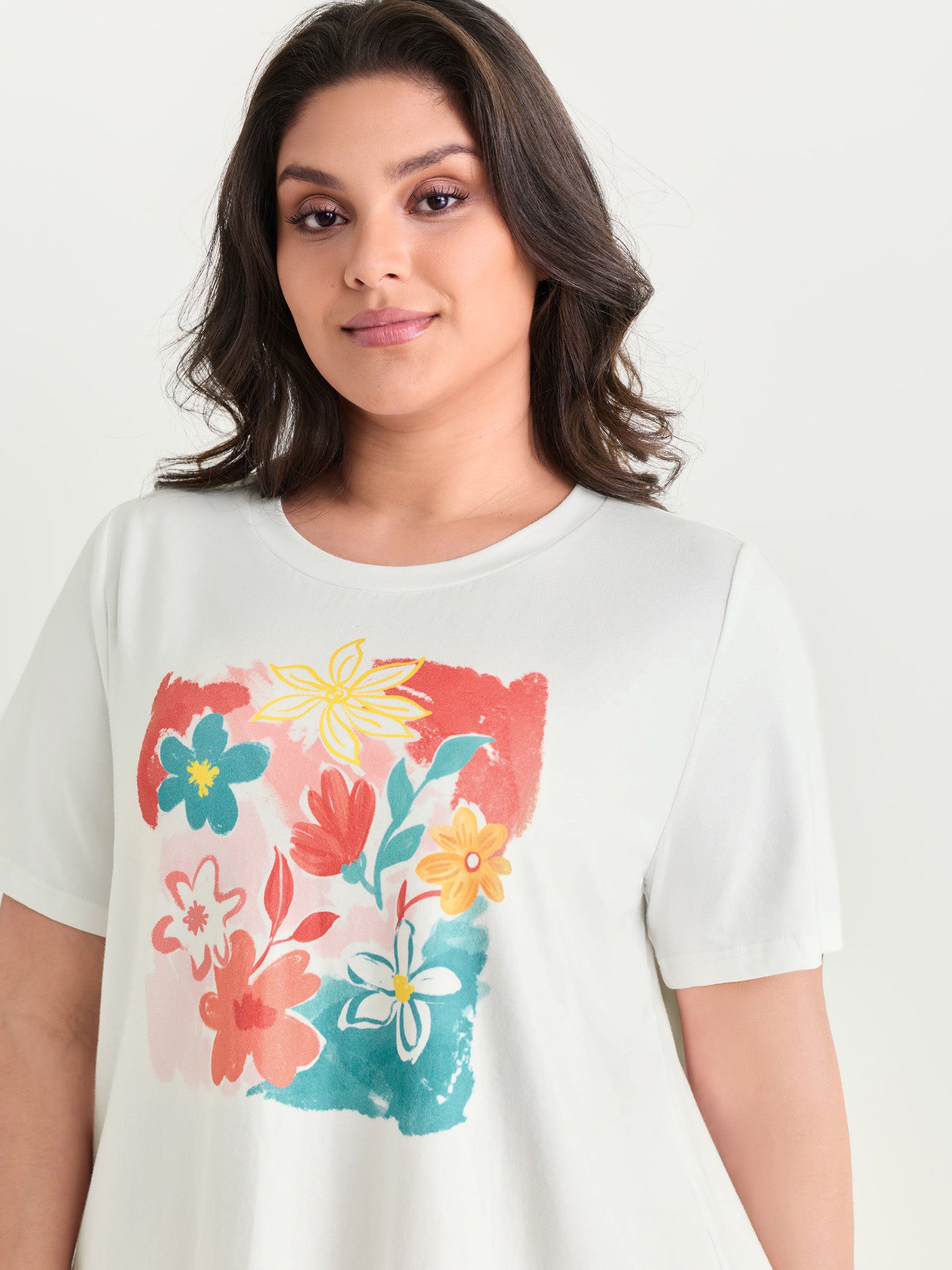Cotton Colorful Floral Print Round Neck T-Shirt