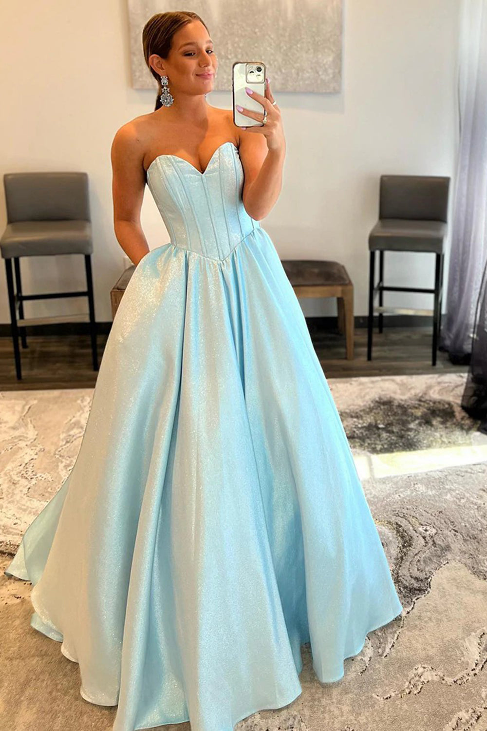 Blue Strapless Sweetheart A-Line Long Prom Gown