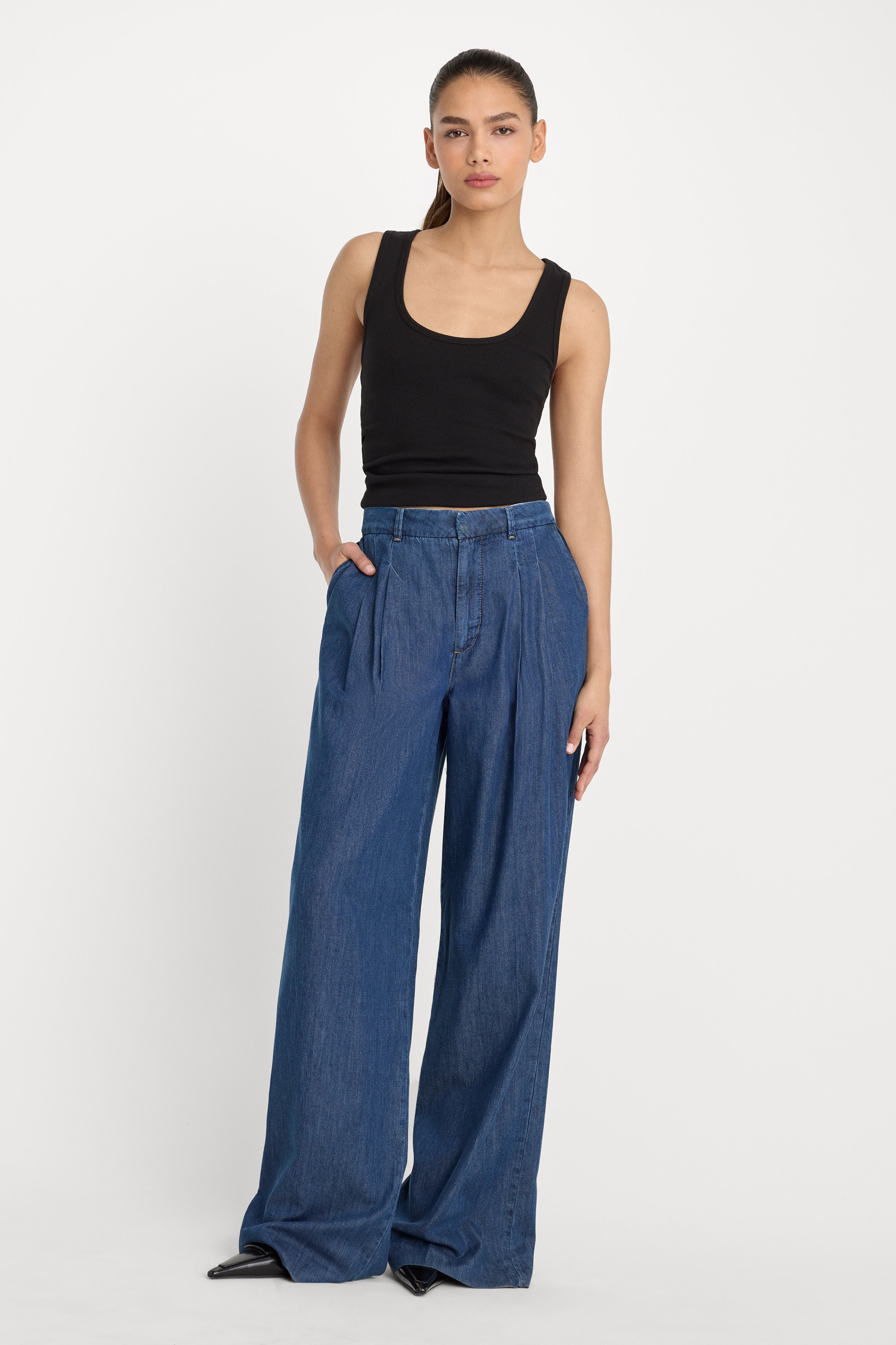 PLEATED HIGH WAISTED WIDE LEG TROUSER | INDIGO1187