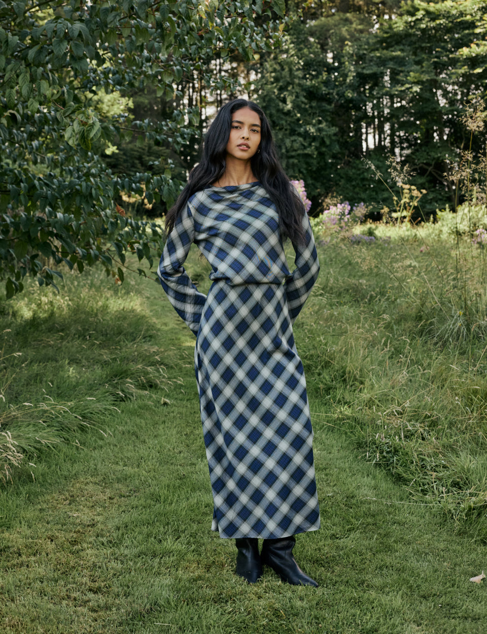 Navy Check Cowl Neck Top
