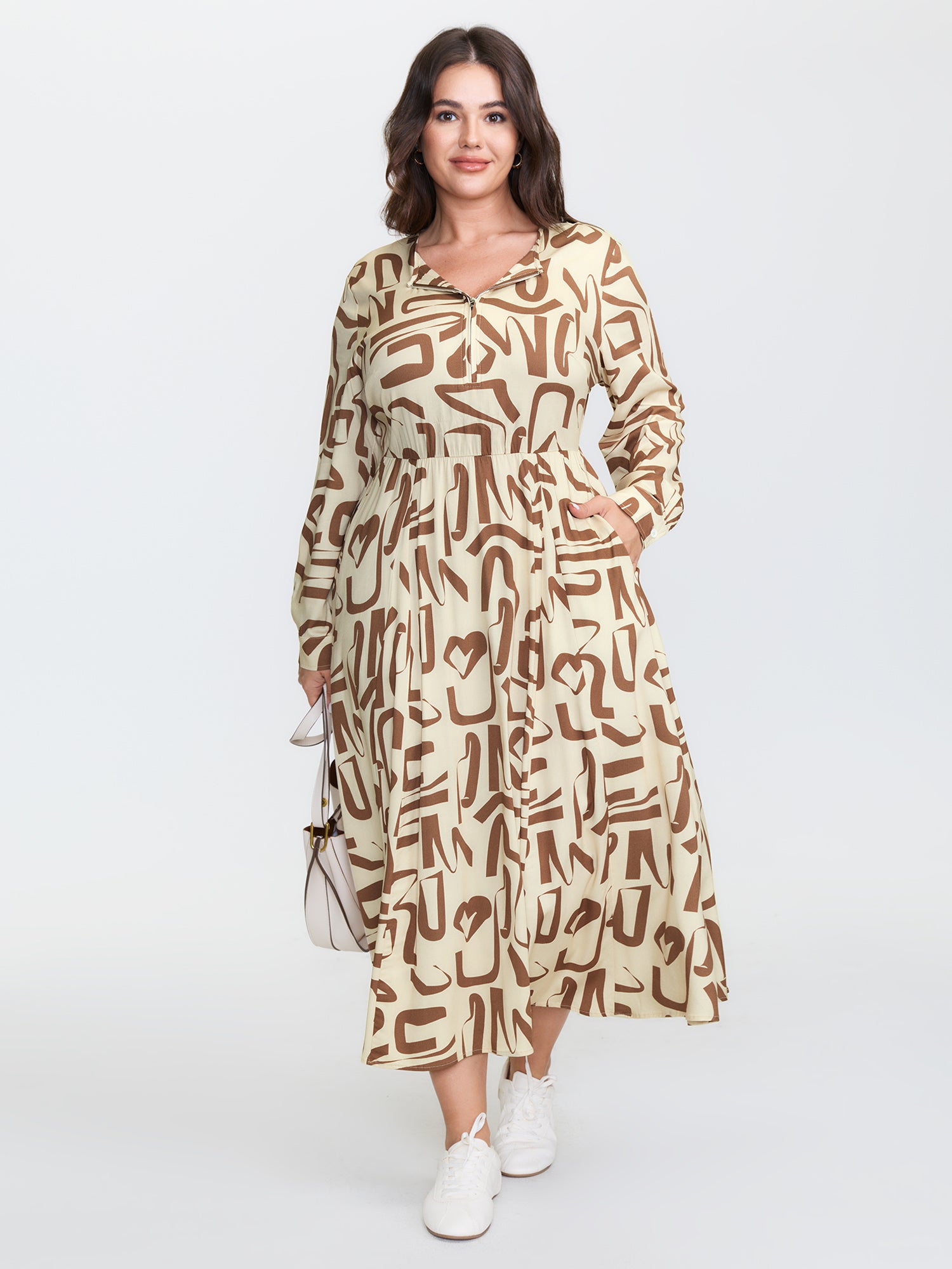 Geometric Print Zipper A-Line Midi Dress