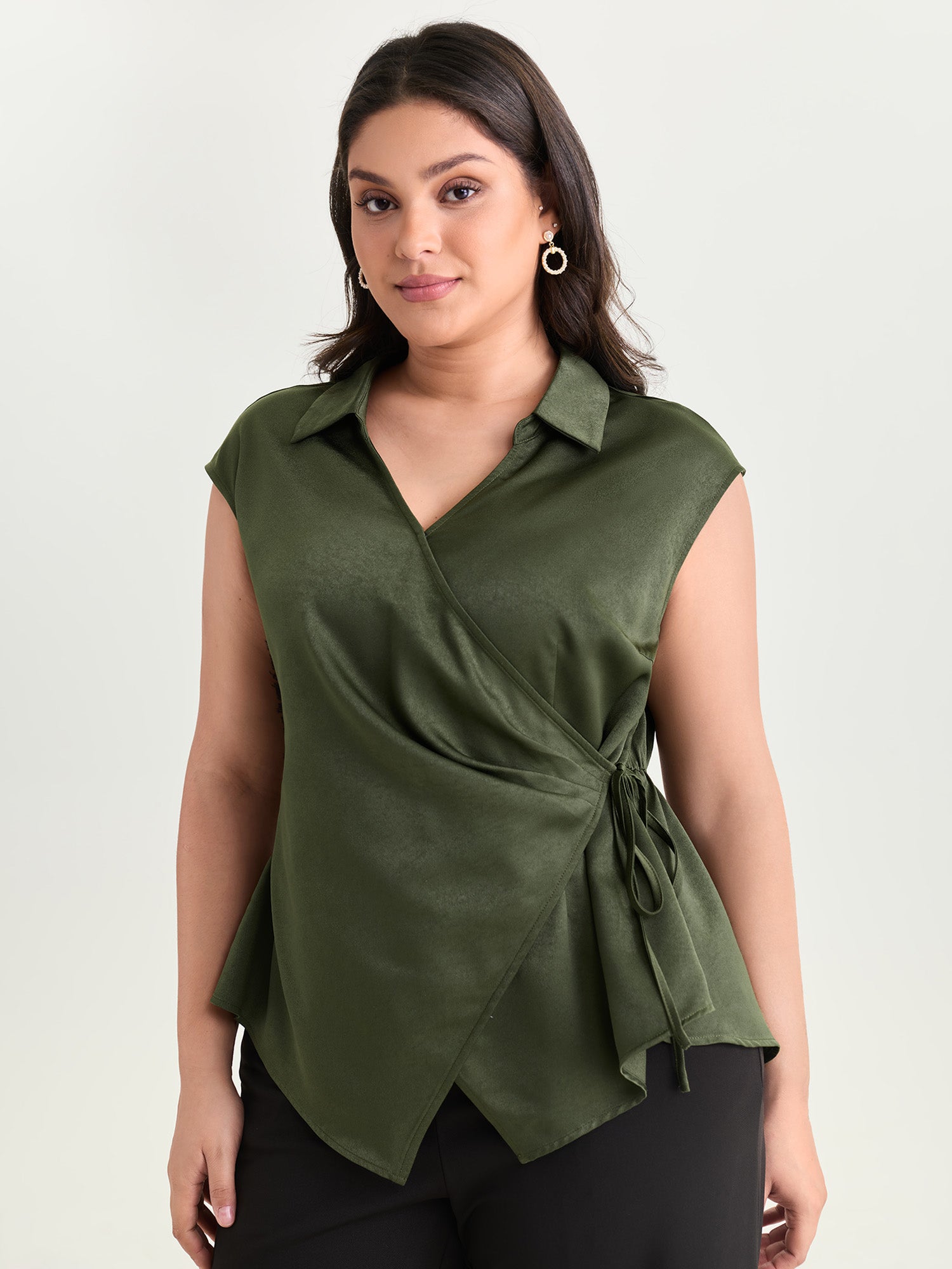 Asymmetric Hem Collared Wrap Blouse