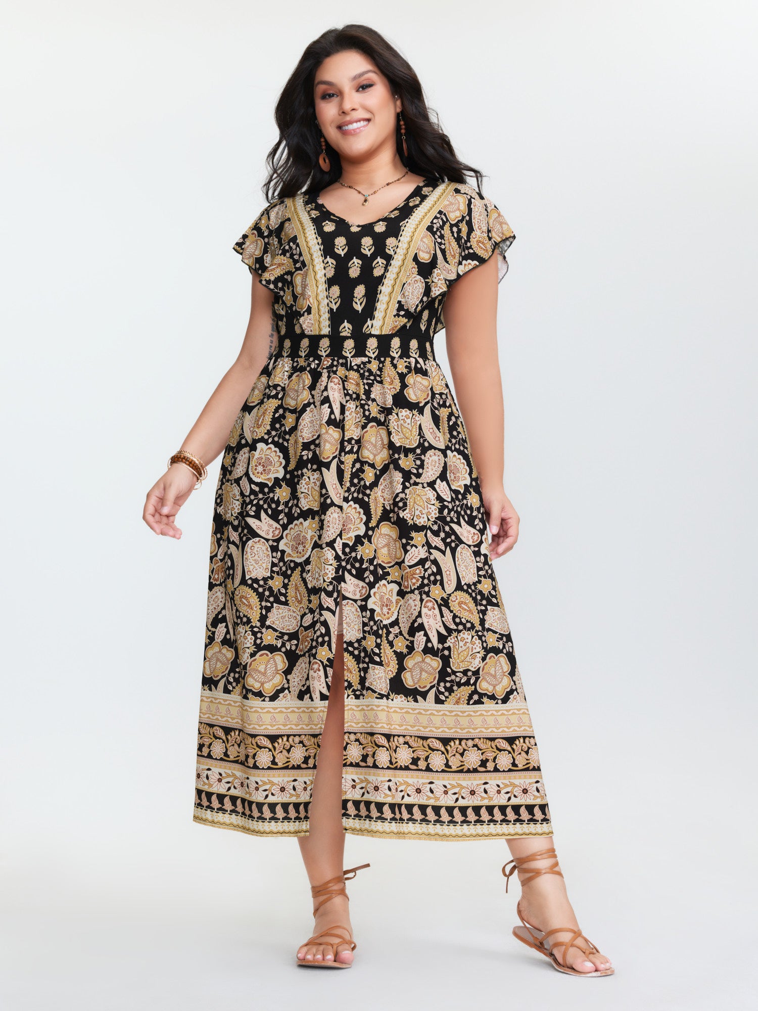 Floral Print V-Neck Slit Maxi Dress