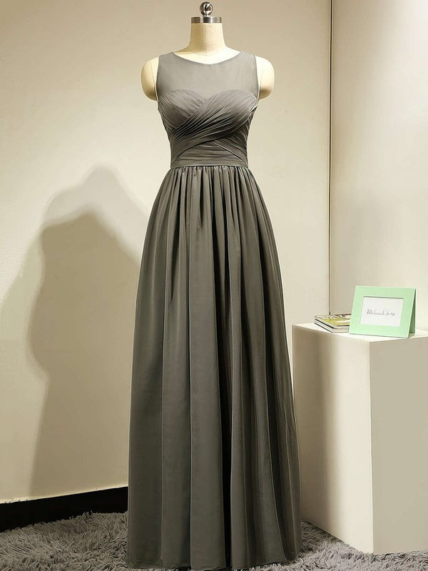 Elegant Crew Neck Floor-Length Chiffon Bridesmaid Dresses with Ruffles