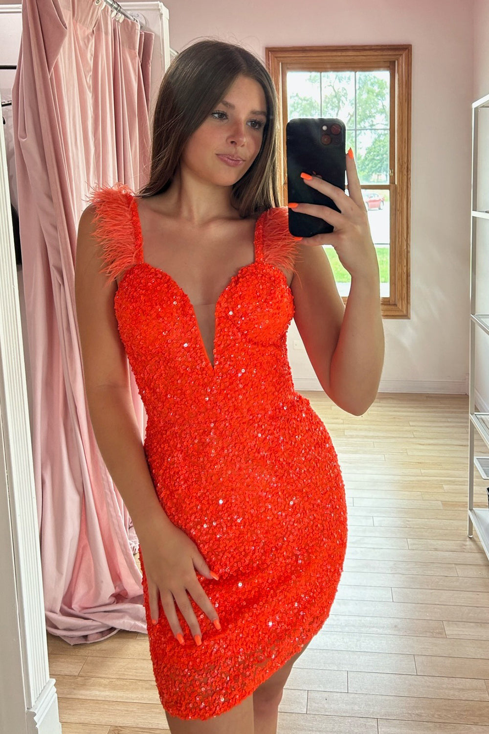 Sparkly Orange Sequins Tight Short Homecoming Dress/Mini Dress with Feathers