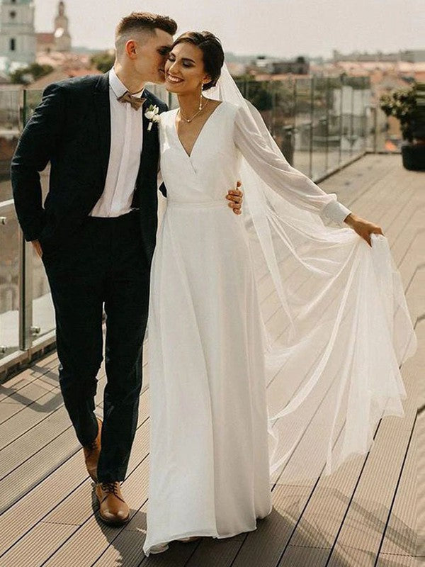 Stunning A-Line V-Neck Long Sleeves Chiffon Sweep Train Wedding Dresses