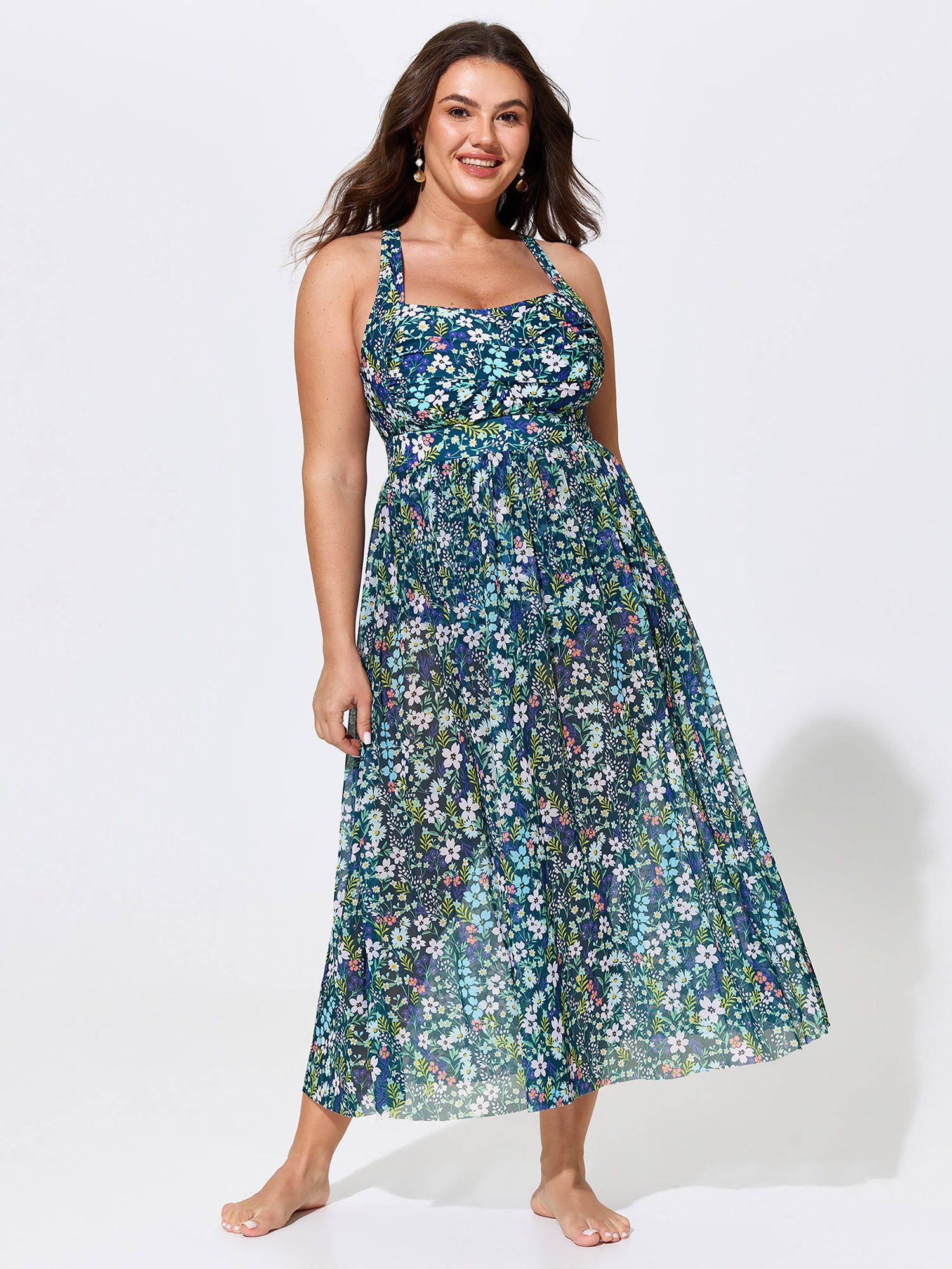 Sheer Sarong Two-Piece Ruched Print One-Piece Swim