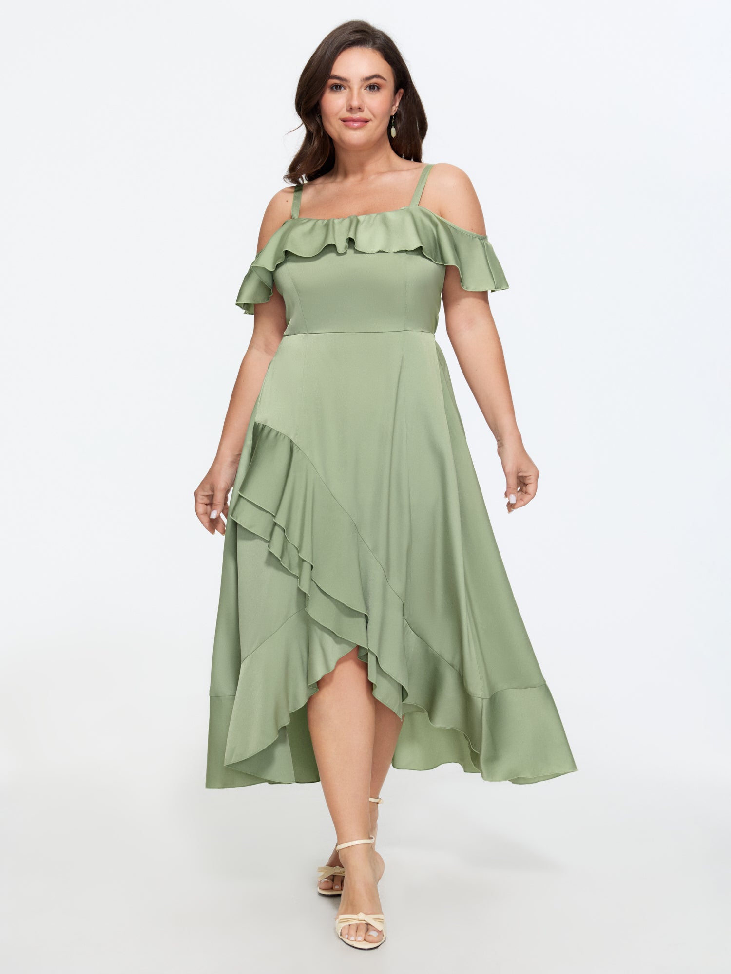 Satin Off-Shoulder Wrap Hem Maxi Dress