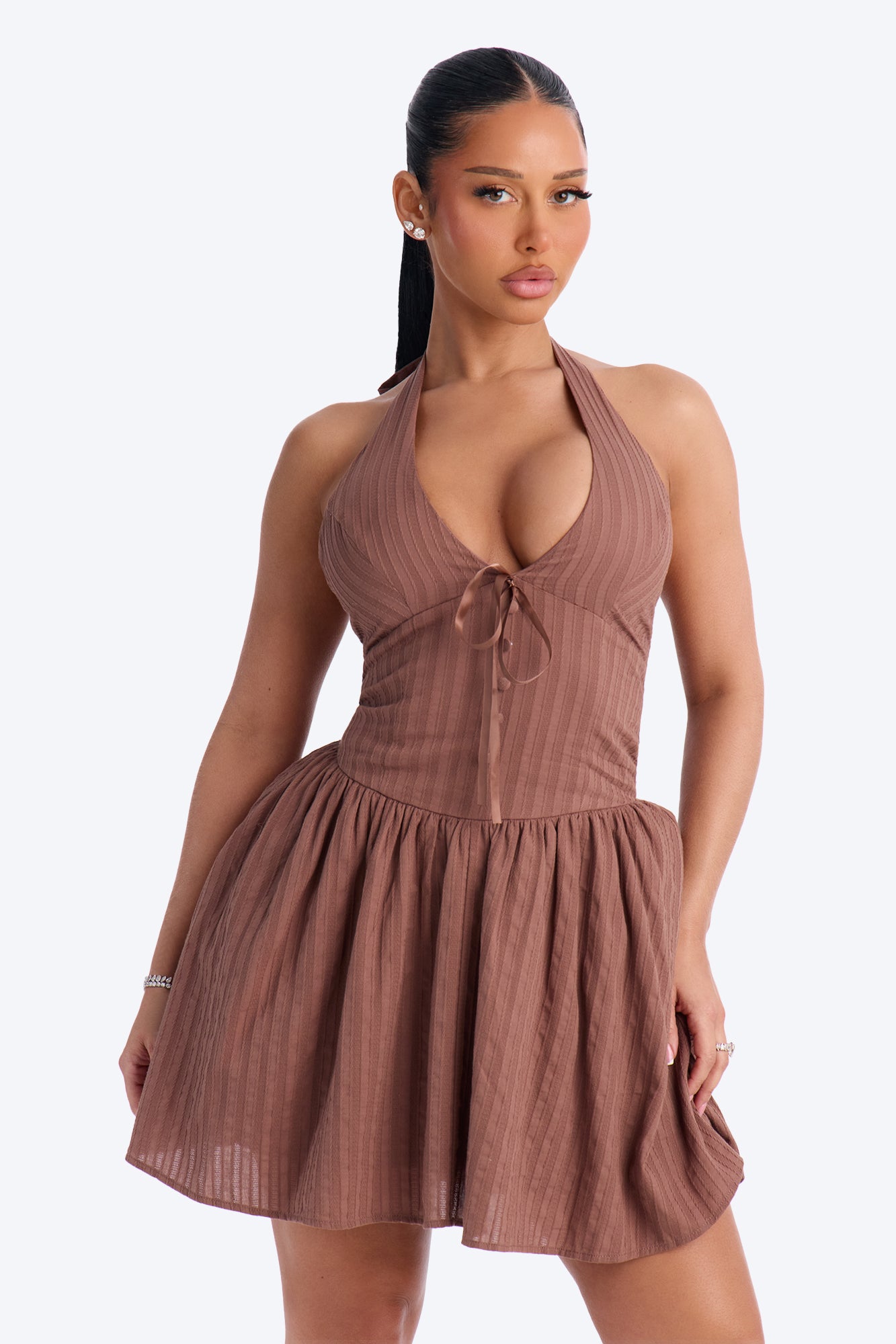 Cutesy Gauze Mini Dress - Mocha