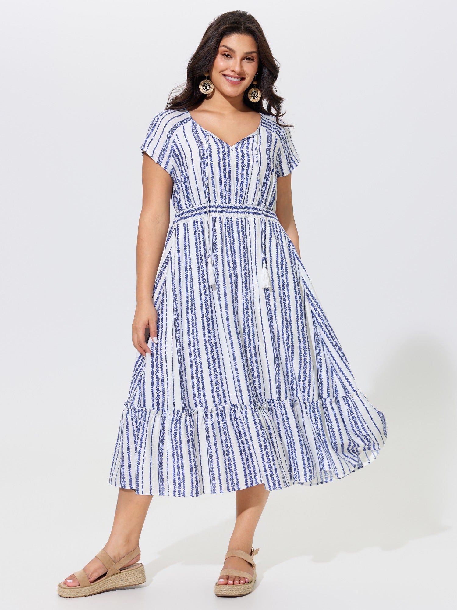 Supersoft Striped Tassel Tie Shirred Waist Midi Dress