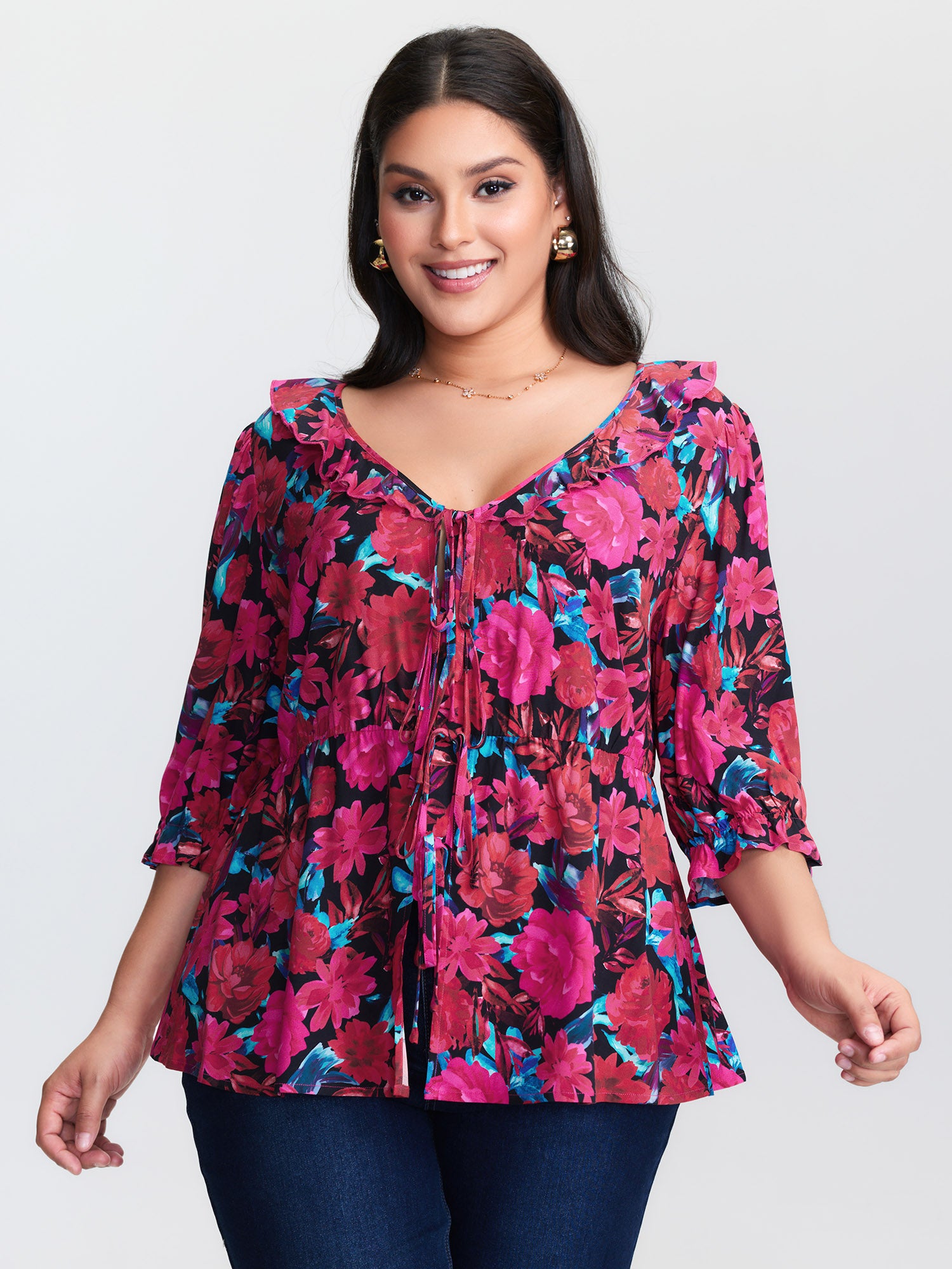 Floral Print Front-Tie Cinched Flared Blouse