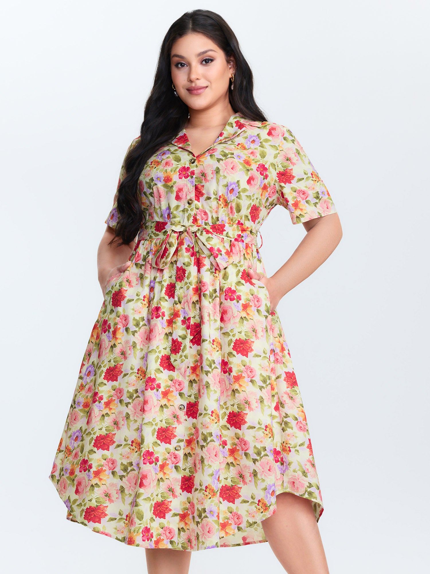 Cotton Bright Floral Belted Midi Dress