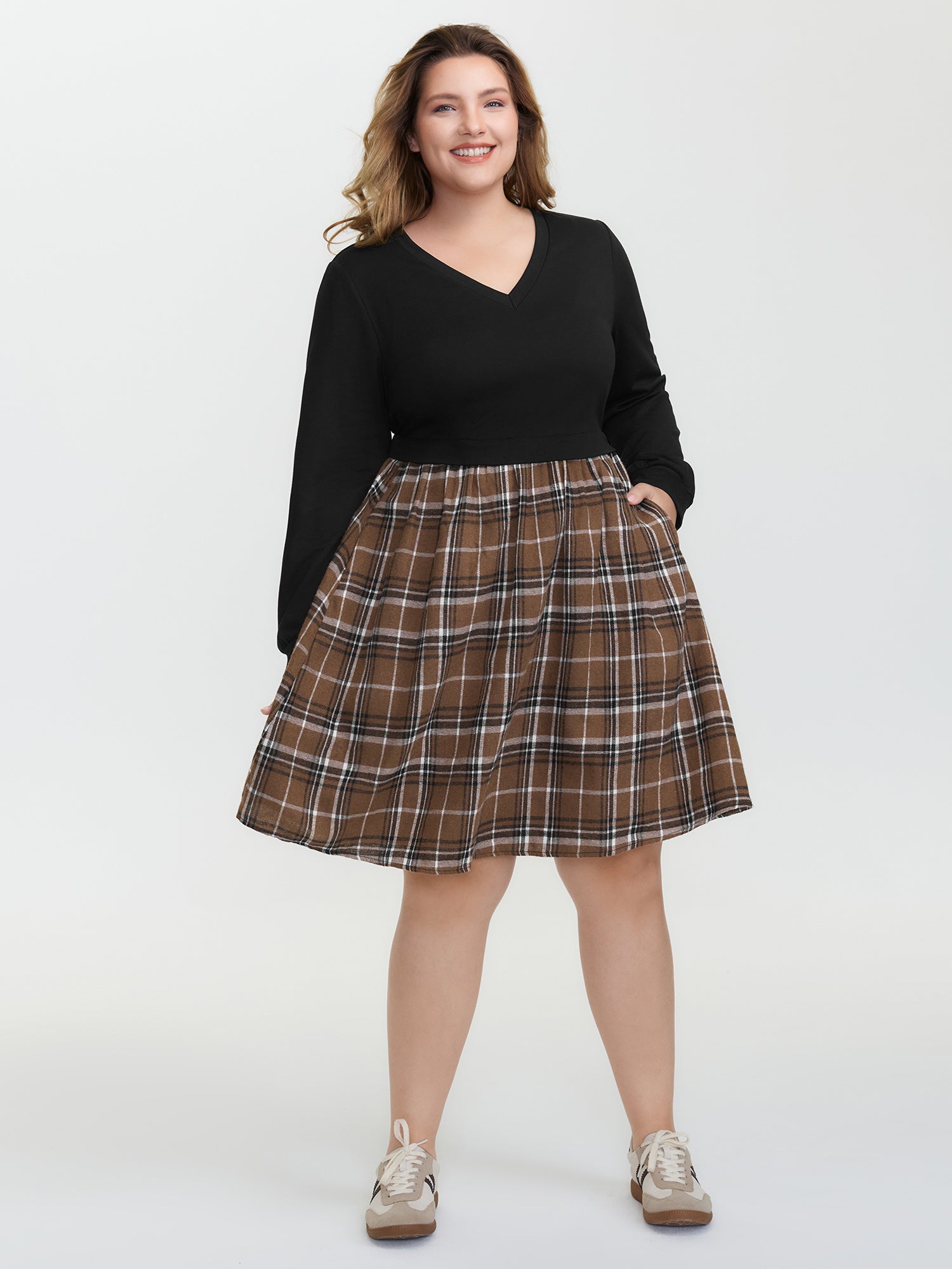 Plaid Color Contrast Stretchy Knee-Length Dress