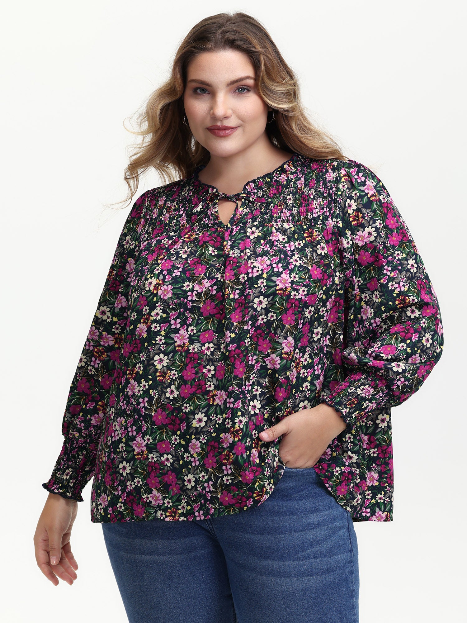 Ditsy Floral Shirred Neck Tie Blouse