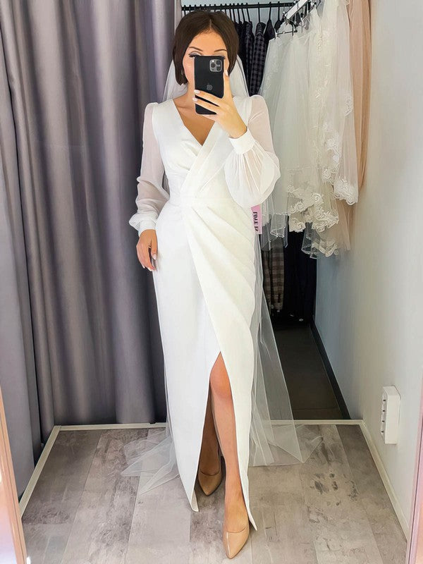 Charming Sheath V-Neck Long Sleeves Chiffon Floor-Length Wedding Dresses with Split