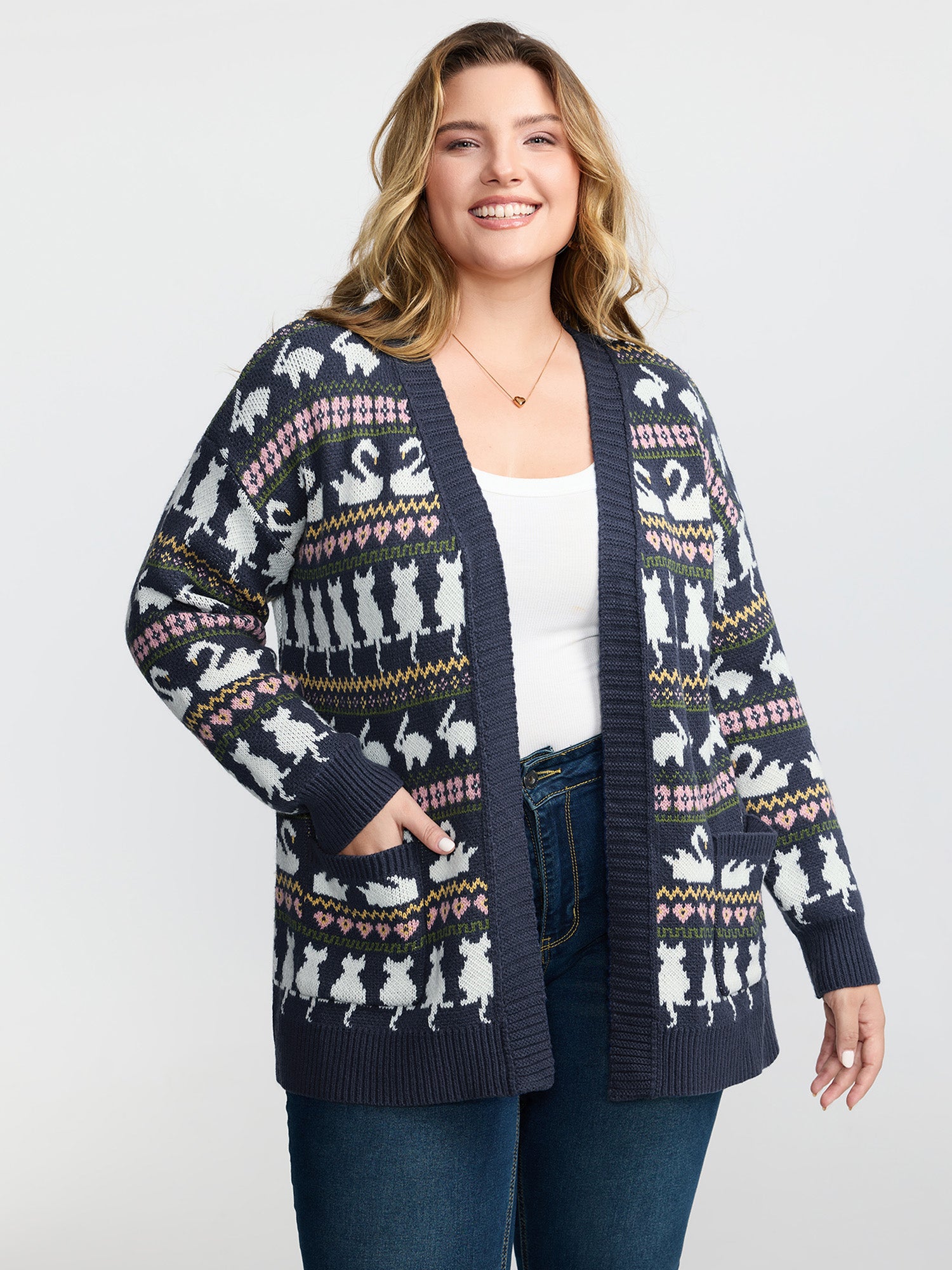 Animal Jacquard Pattern Pockets Knit Cardigan