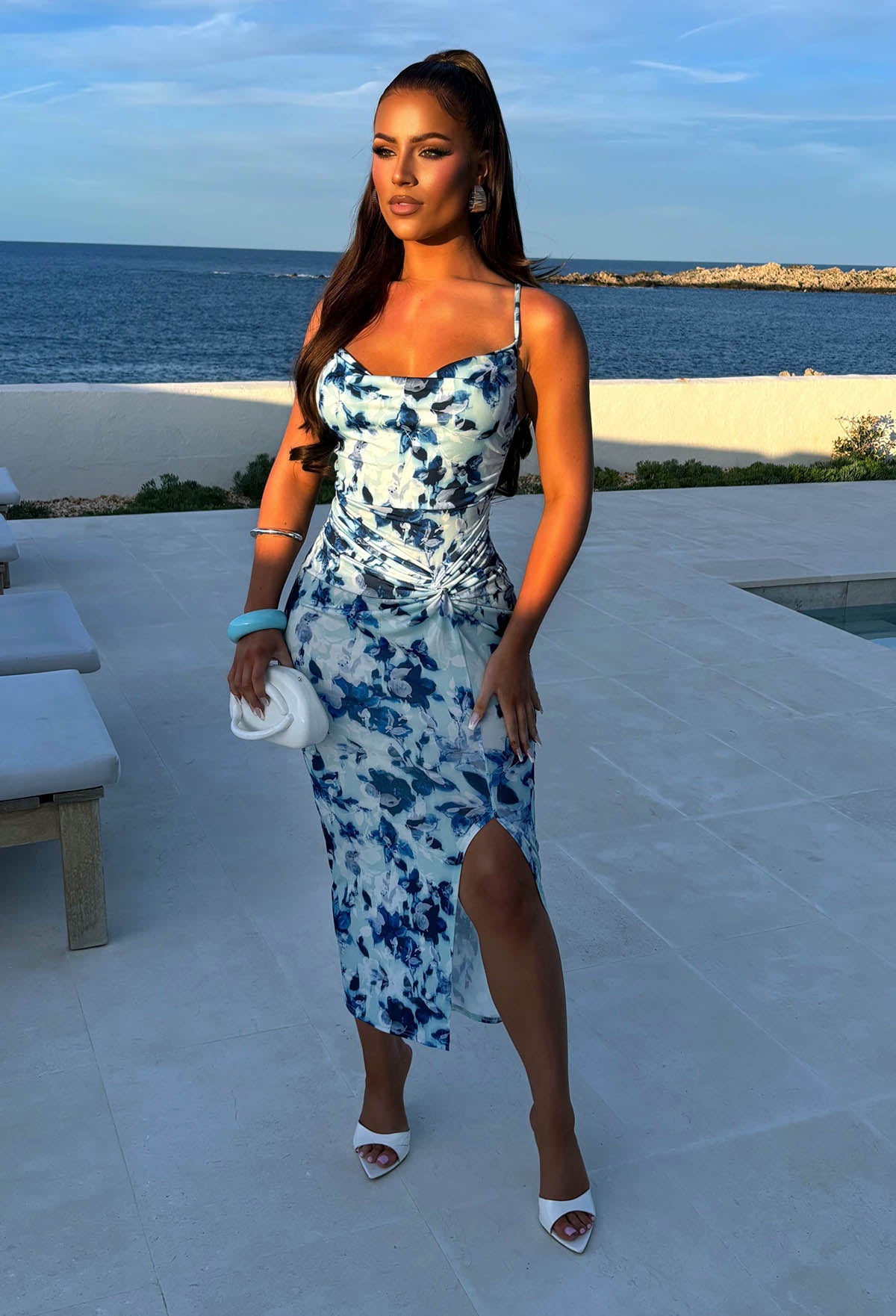 Your Secret Blue Floral Print Lace Up Midi Dress