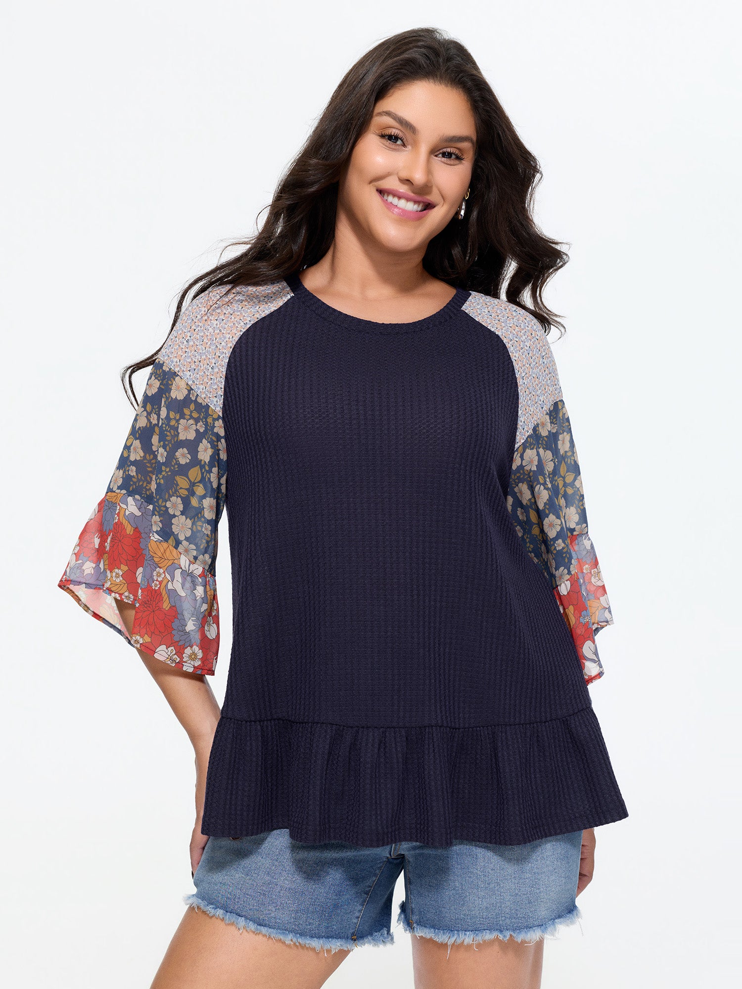 Floral Patchwork Print Waffle Knit T-Shirt