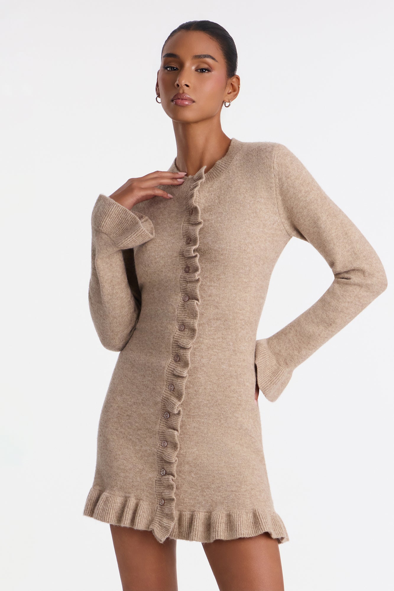 Cute As A Button Ruffle Sweater Mini Dress - Oatmeal