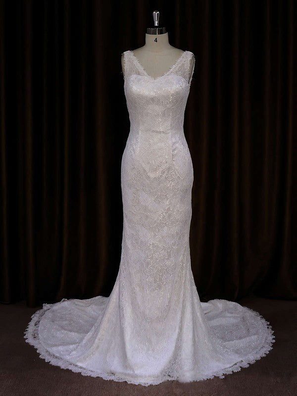 Elegant Mermaid V-Neck Sleeveless Backless Lace Chapel Train Wedding Dresses